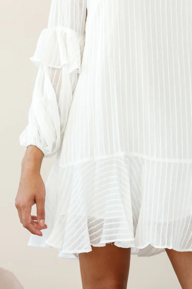 Cate Crew Neckline Balloon Sleeve Frill Dress White - Image 5