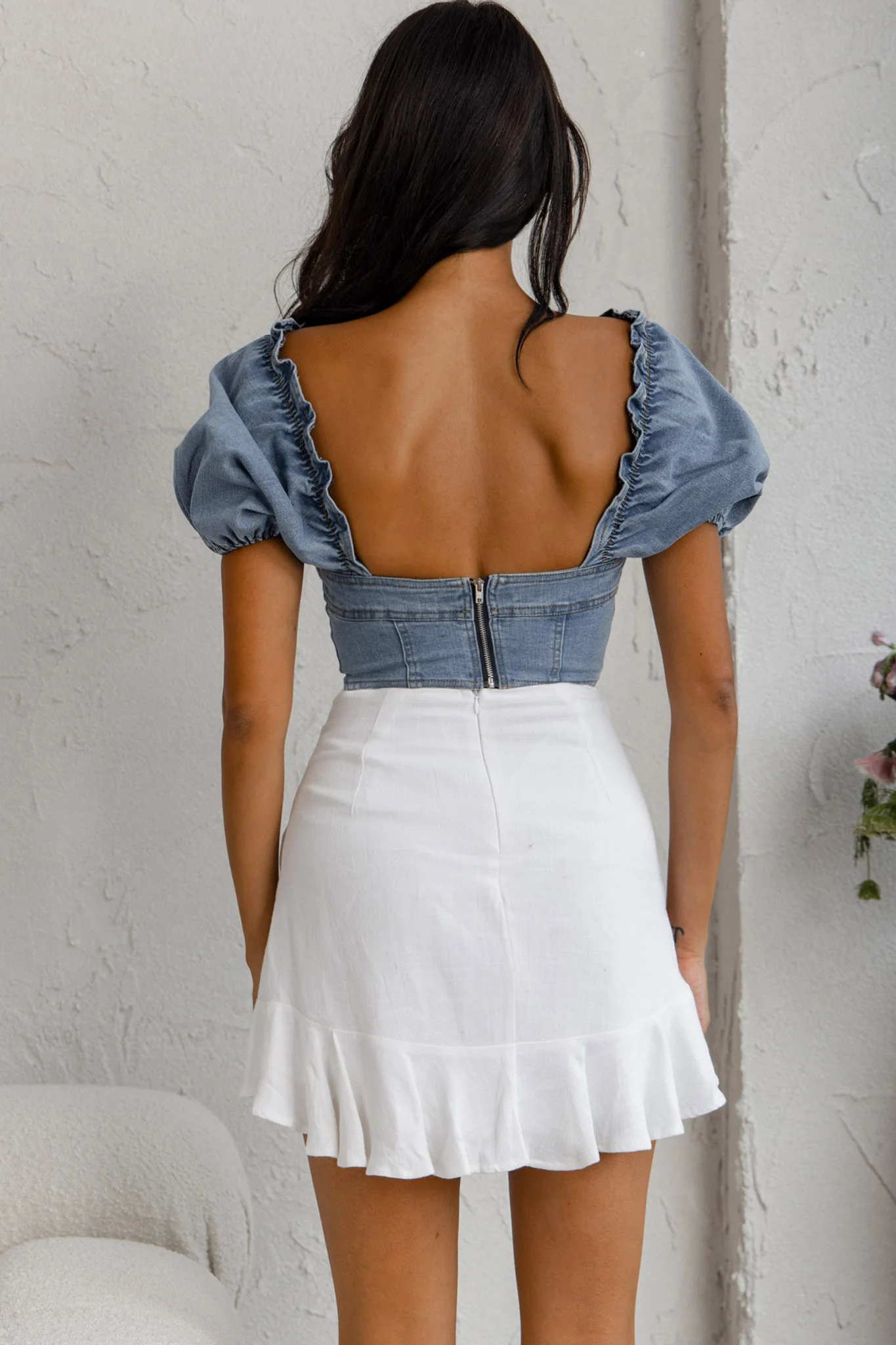 Cathlin Puff Sleeve Denim Crop Top Blue - Image 5