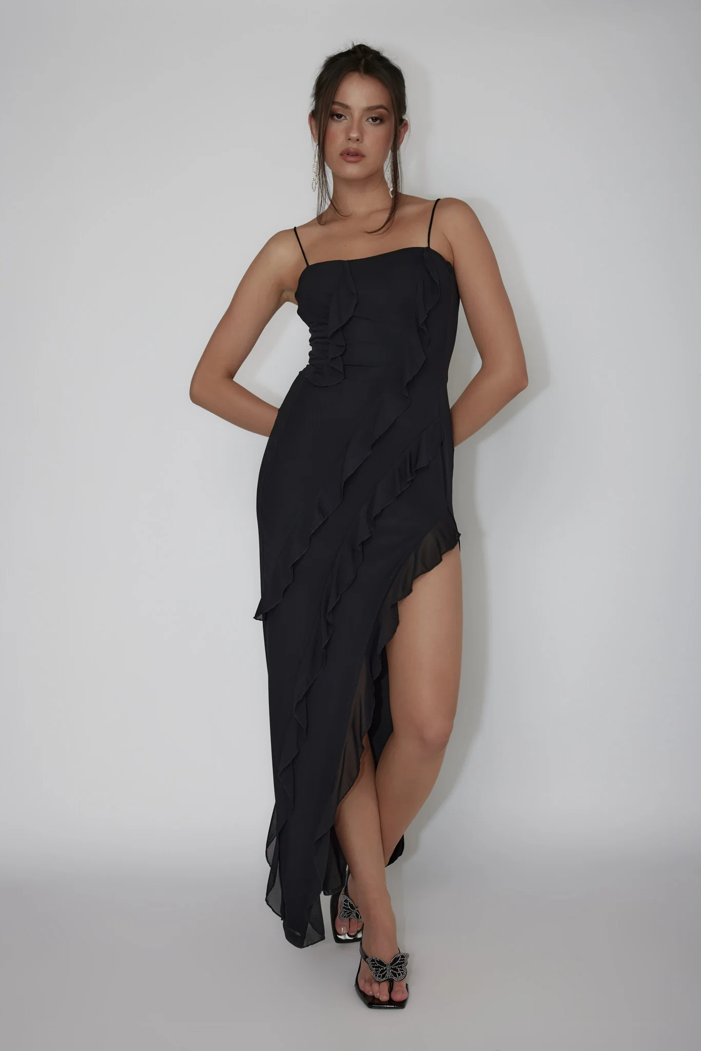 Catriona Split Ruffle Midi Dress Black - Image 5