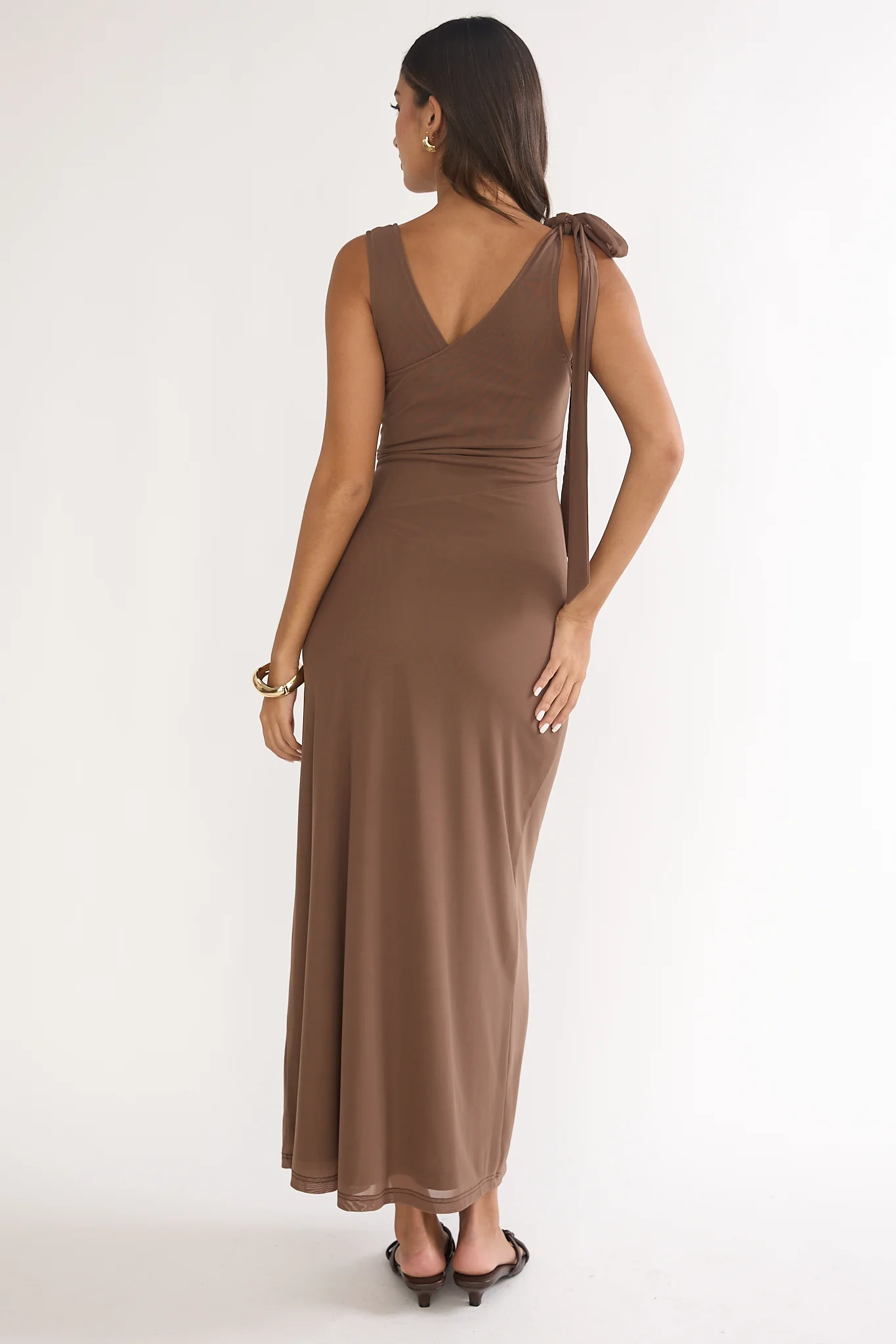 Cavelle Tie Shoulder Mesh Maxi Dress Chocolate - Image 2