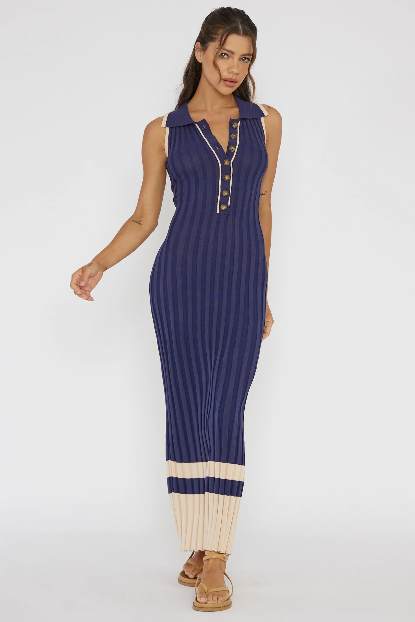 Cayla Button-Up Ribbed Knit Dress Navy - Image 3