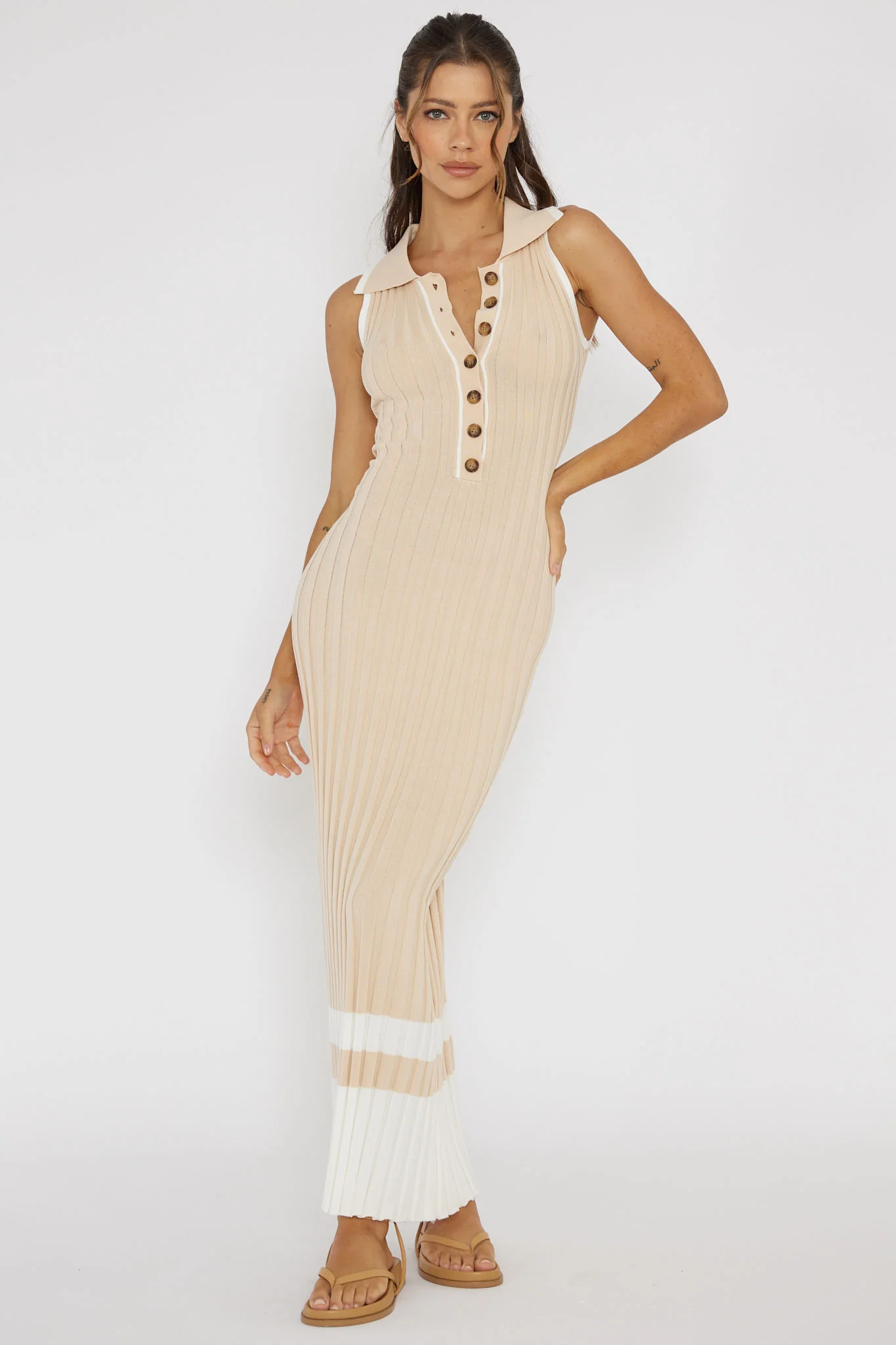 Cayla Button-Up Ribbed Knit Dress Sand - Image 3