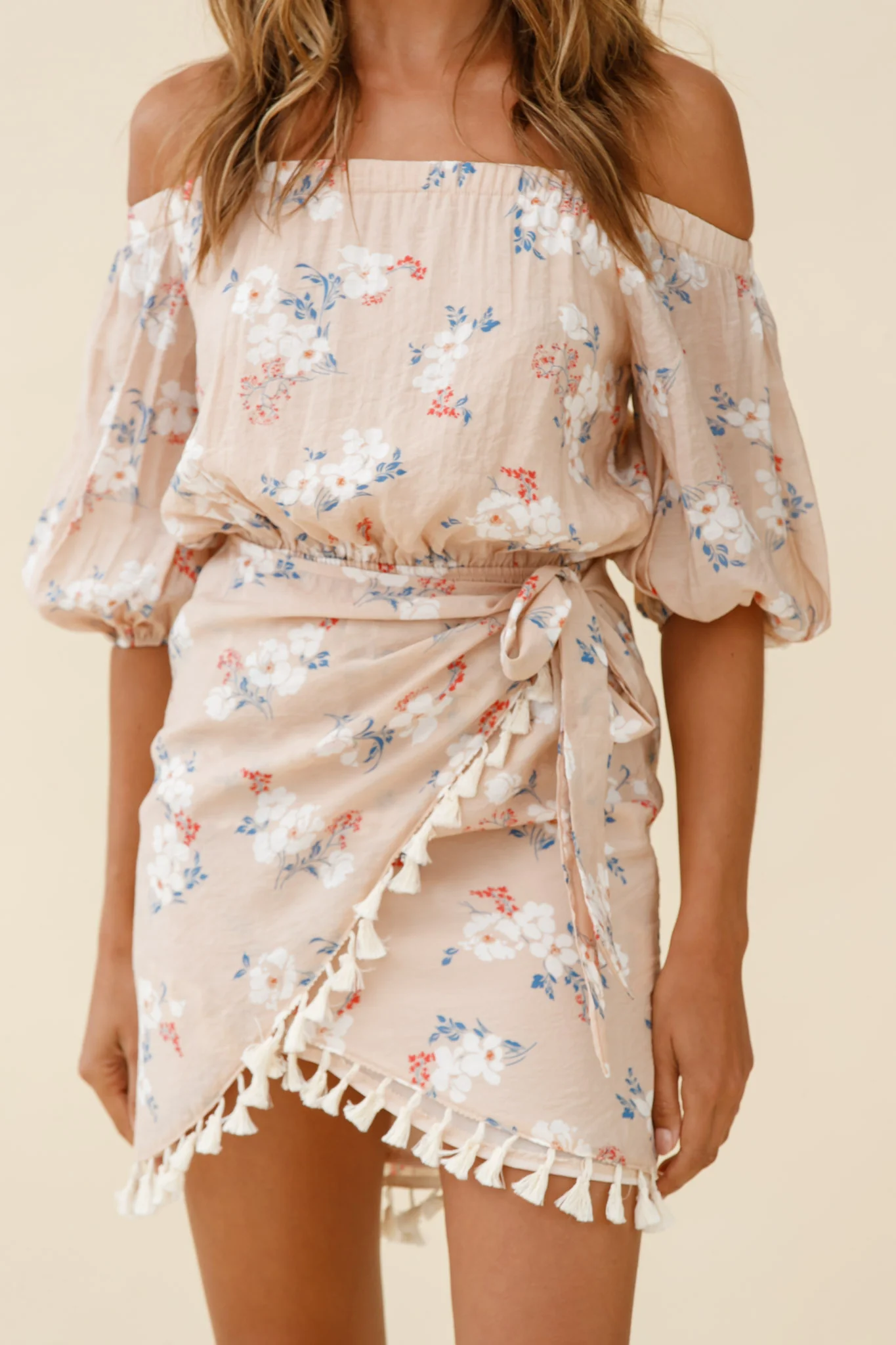 Cayman Tassel Trim Wrap Dress Floral Print Mocha - Image 4