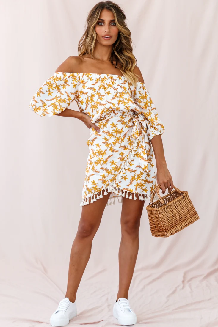 Cayman Tassel Trim Wrap Dress White/Yellow - Image 2