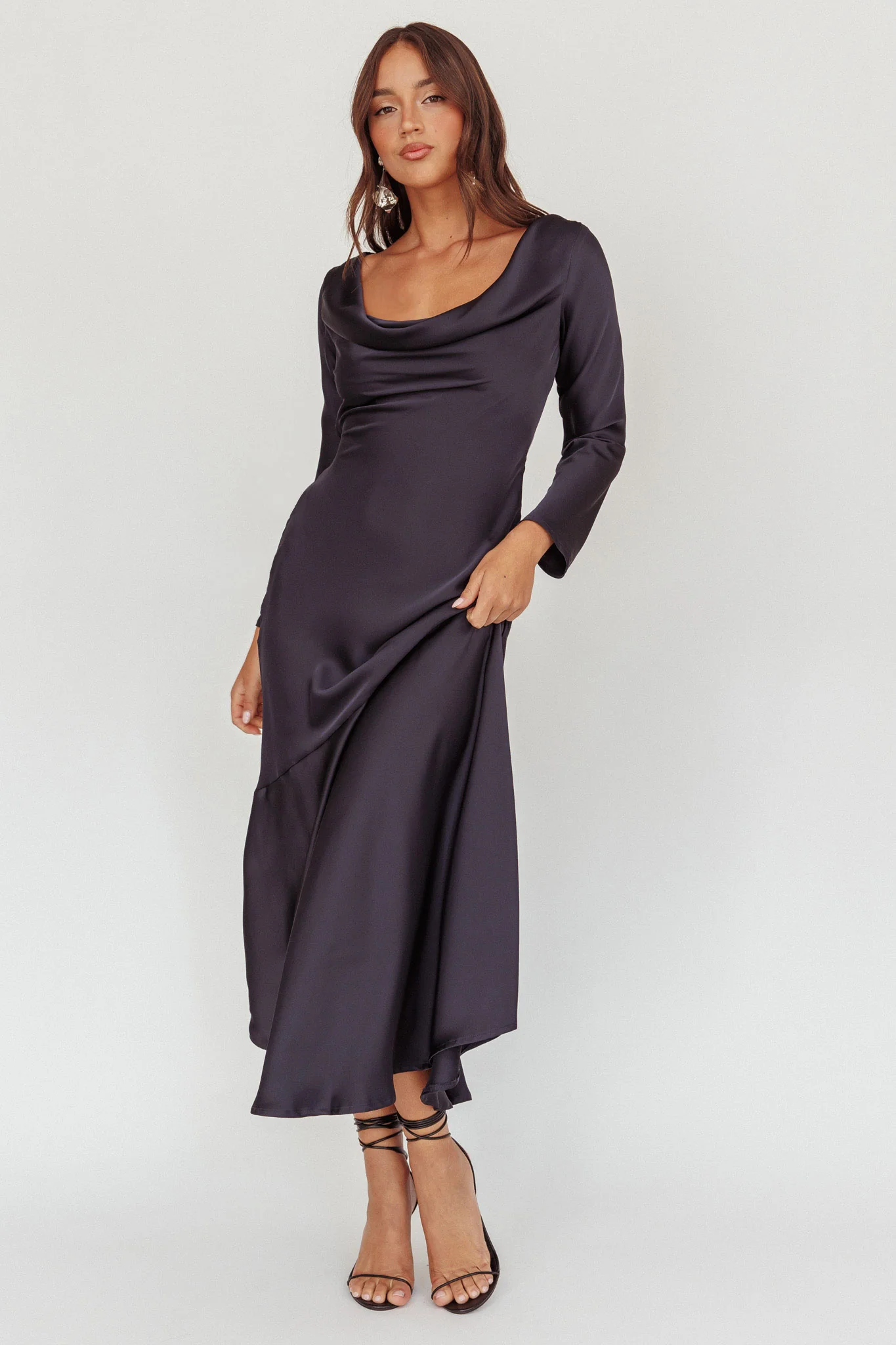 Cecilia Long Sleeve Drape Back Maxi Dress Navy - Image 6