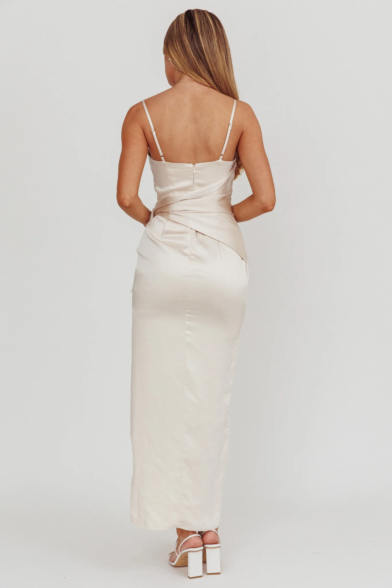 Celestine Waist Tie Satin Maxi Dress Light Champagne - Image 2