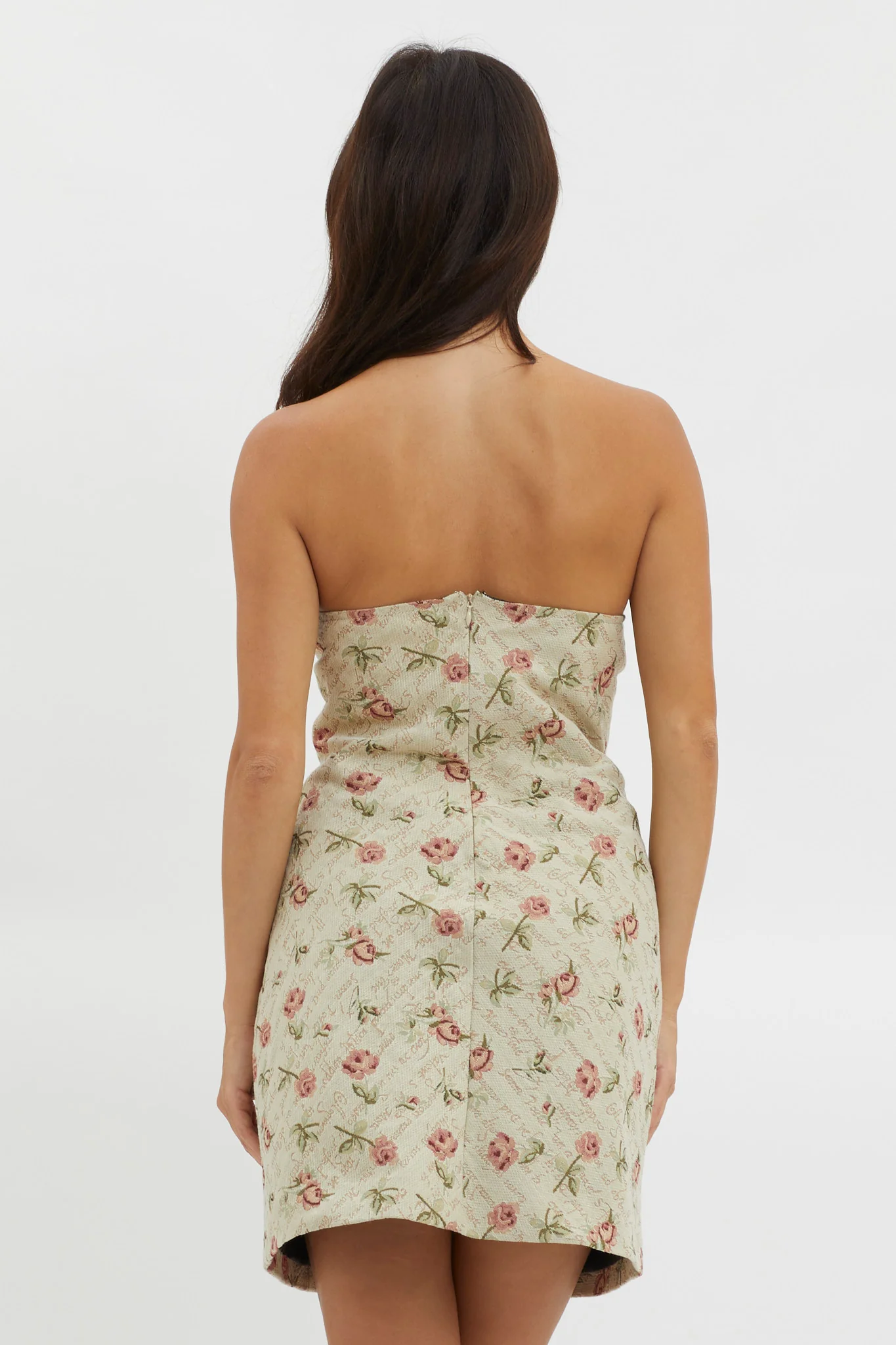 C'est Belle Strapless Lace Trim Mini Dress Beige Floral - Image 3