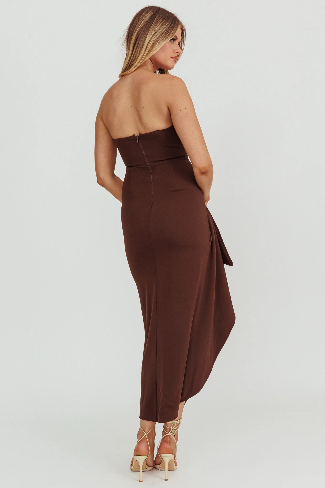Cha Cha Strapless Thigh Split Dress Chocolate - Image 3