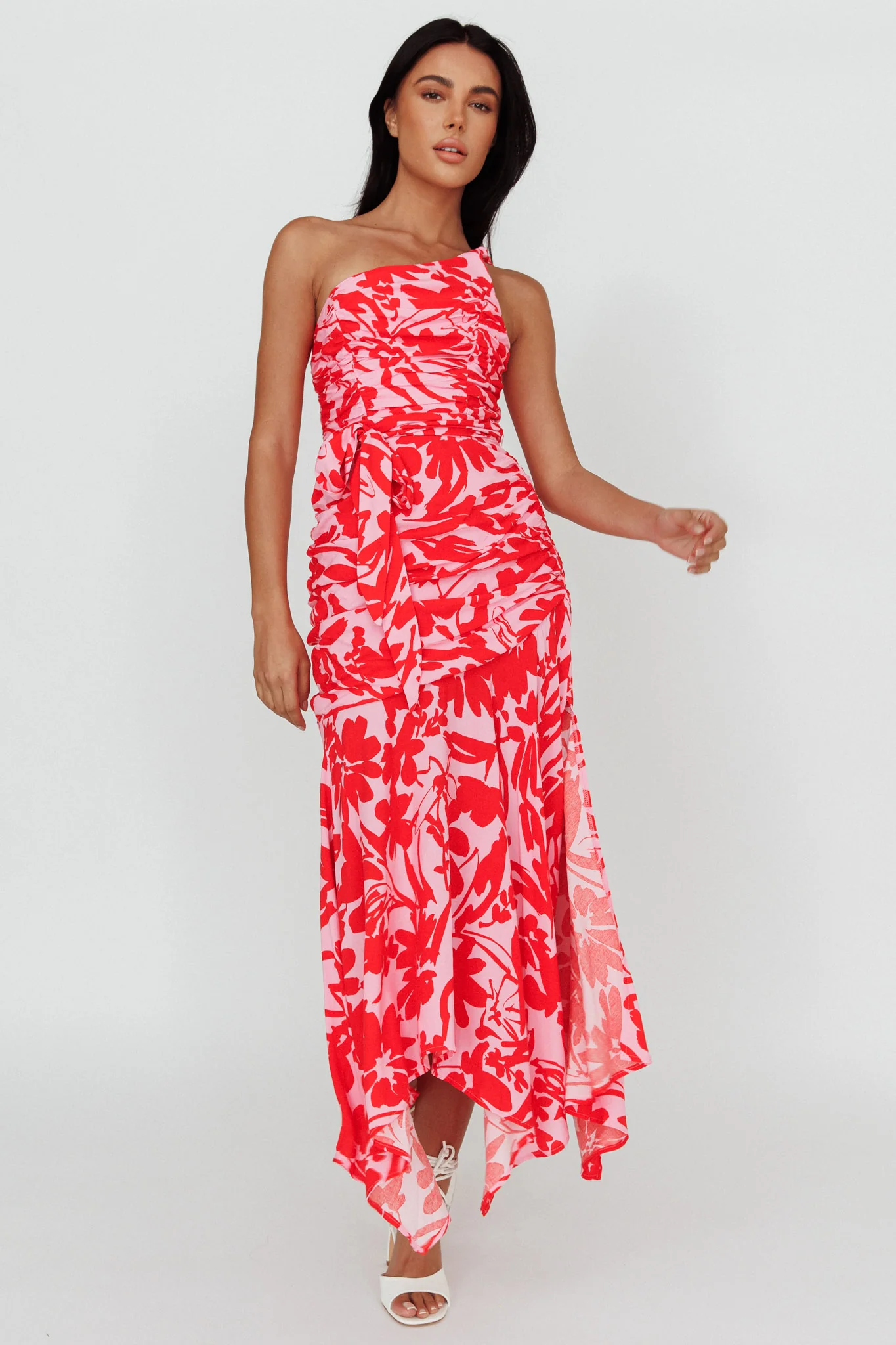 Chandler One-Shoulder Ruched Midi Dress Pink - Image 5
