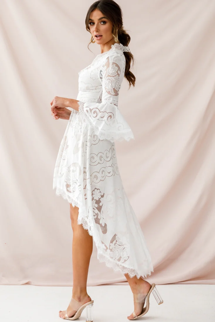 Chantilly High-Low Bell Sleeve Dress White - Image 3