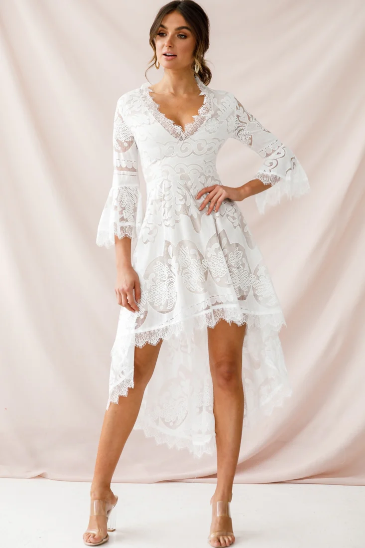 Chantilly High-Low Bell Sleeve Dress White - Image 6