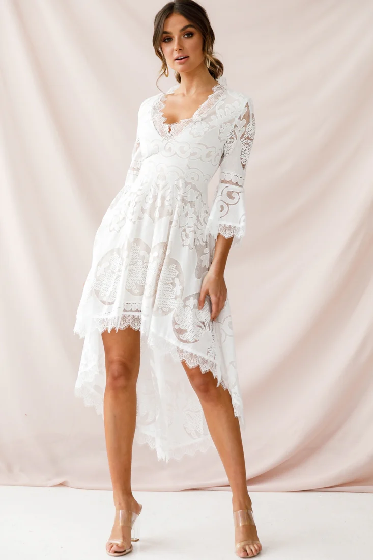 Chantilly High-Low Bell Sleeve Dress White - Image 7