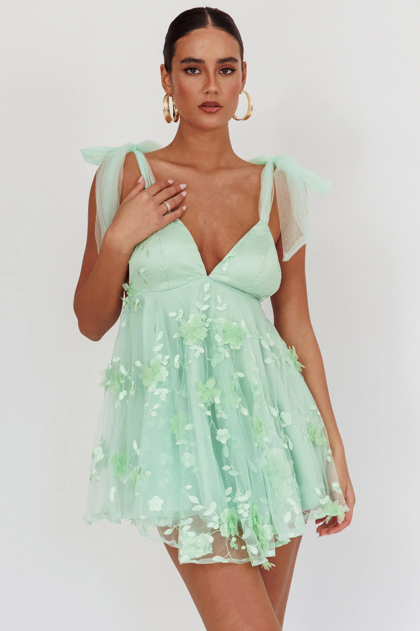 Chantilly Tied Shoulder Mini Dress Sage - Image 5