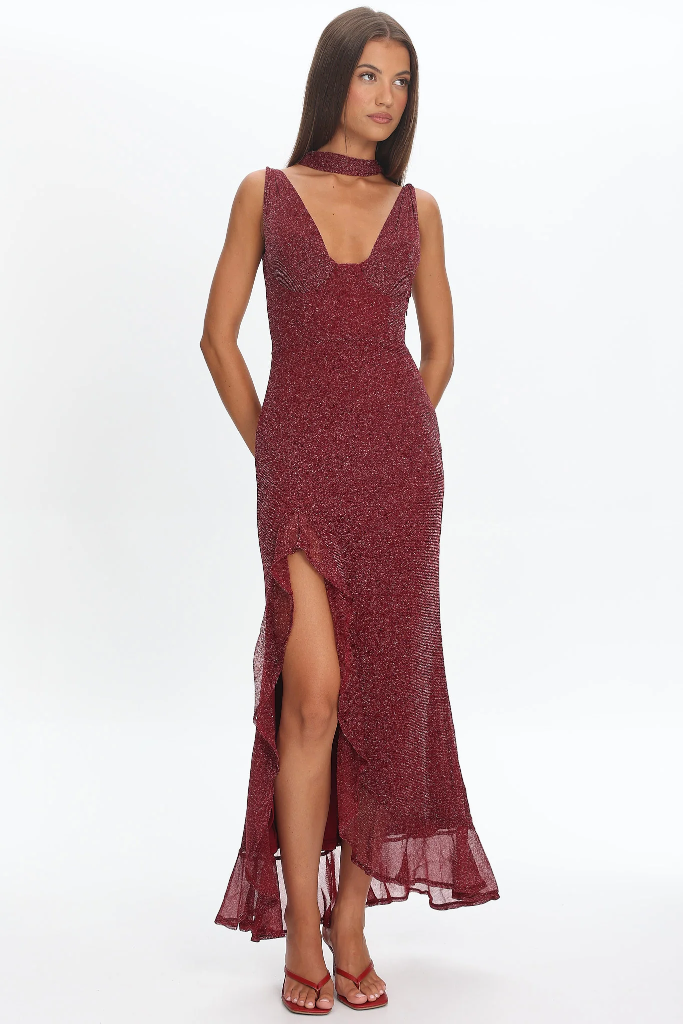 Chantrelle Twist Back Split Maxi Dress Wine - Image 2
