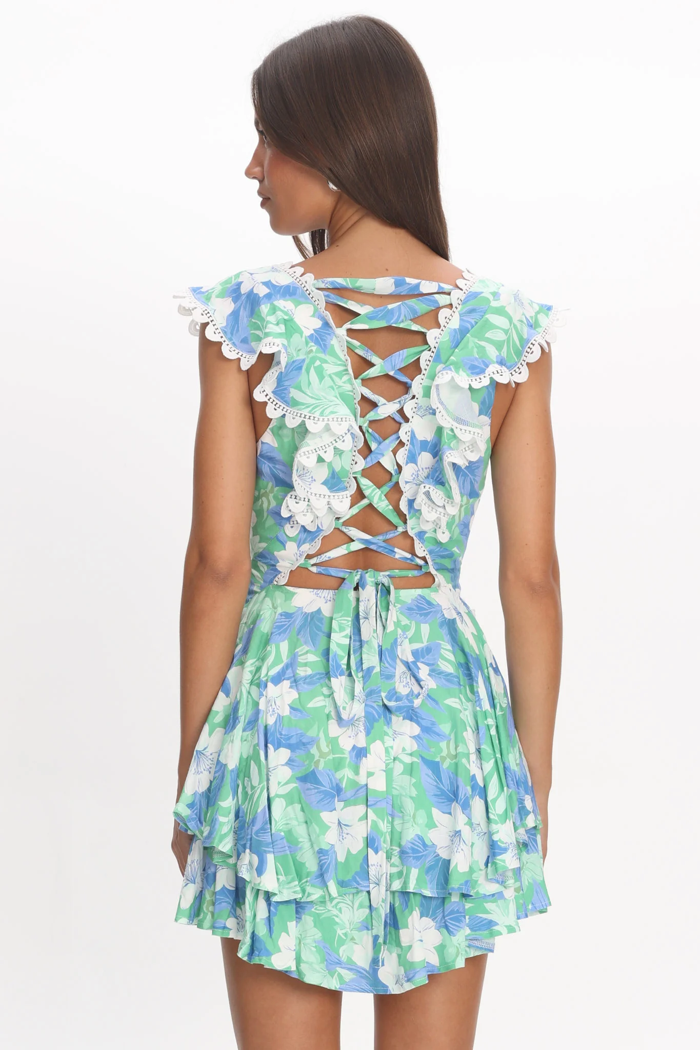 Charade Ruffle Shoulder Corset Back Dress Floral Green - Image 2