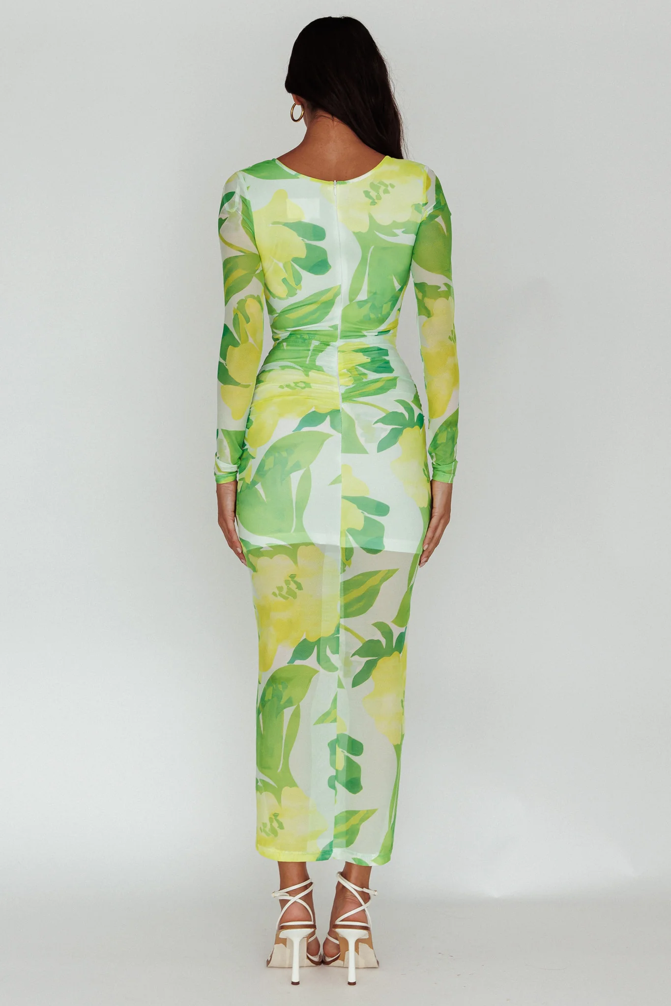 Chardae Long Sleeve Mesh Midi Dress Floral Green - Image 2