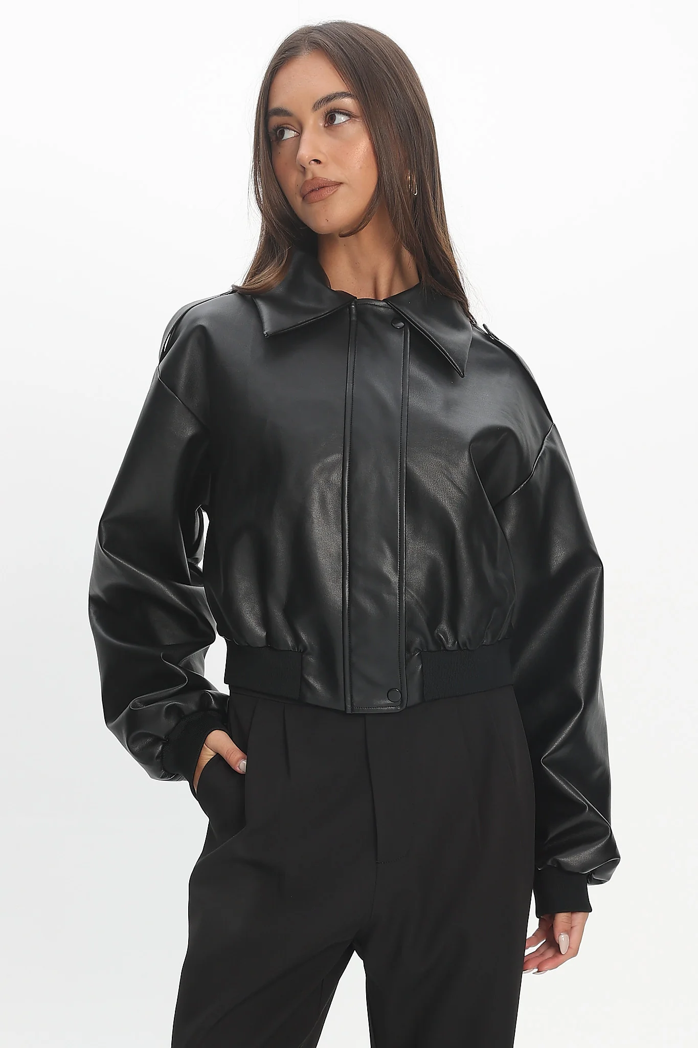 Charley Faux Leather Bomber Jacket Black - Image 6