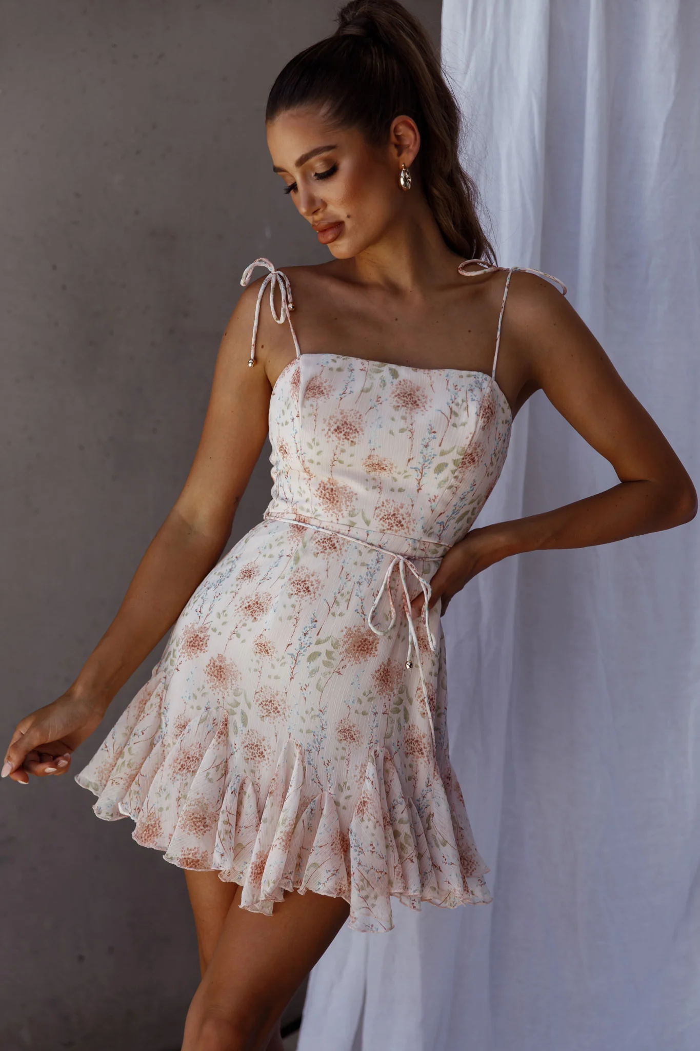 Charliza String Tie Godet Hem Dress Floral Peach - Image 6