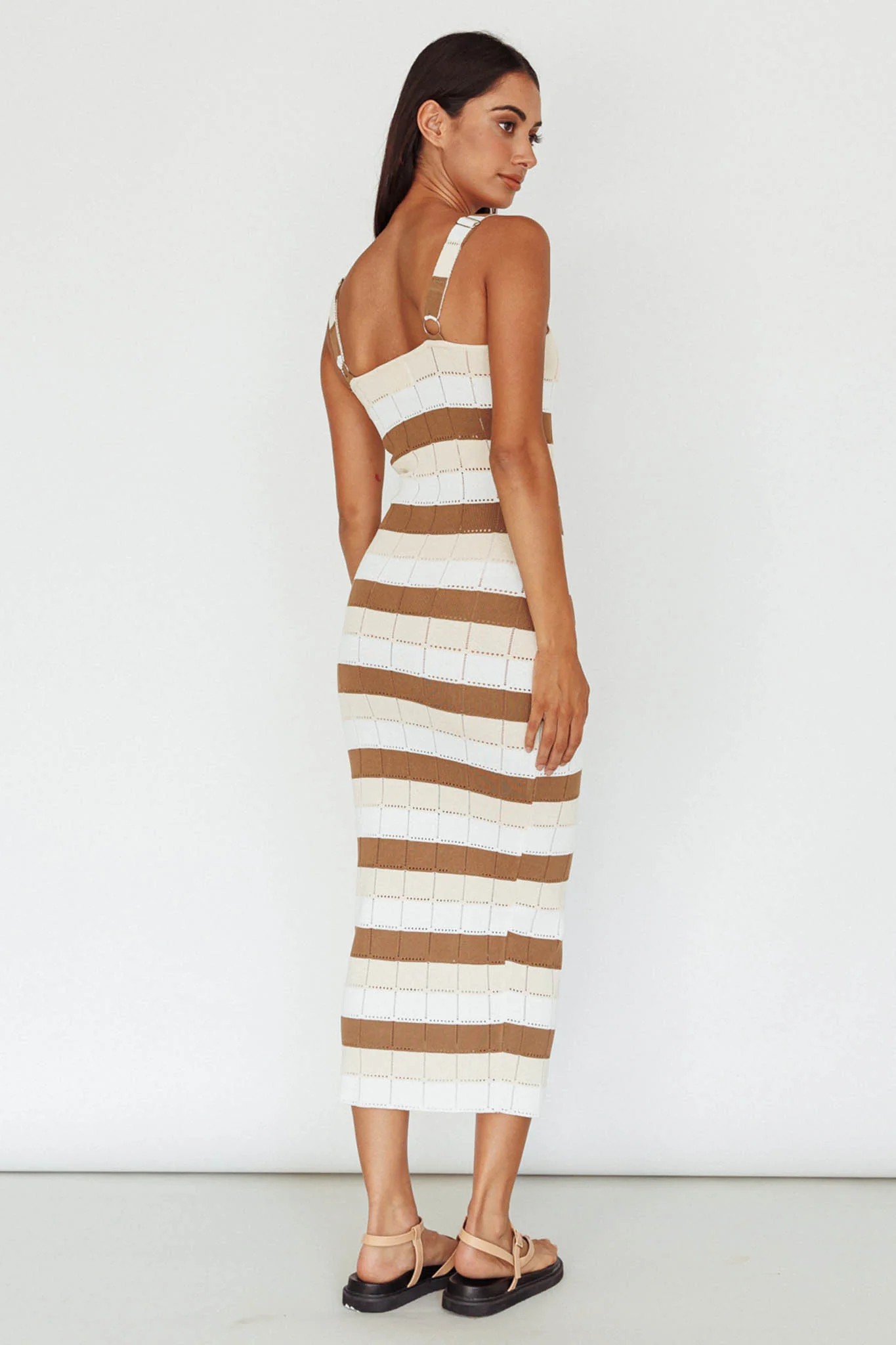 Chase The Sunrise Knit Midi Dress Striped Chocolate/White - Image 3