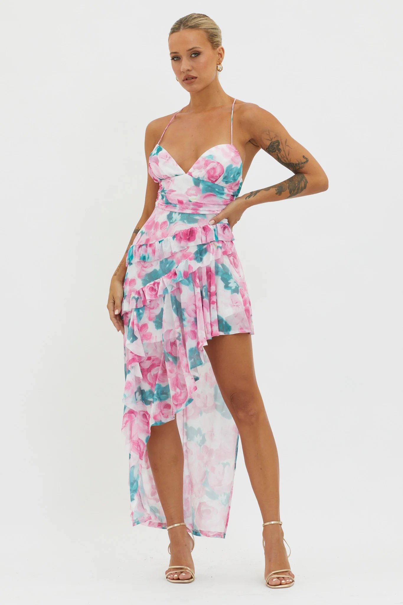 Check Mate Frill Trim Cut-Out Split Dress Floral Pink - Image 5