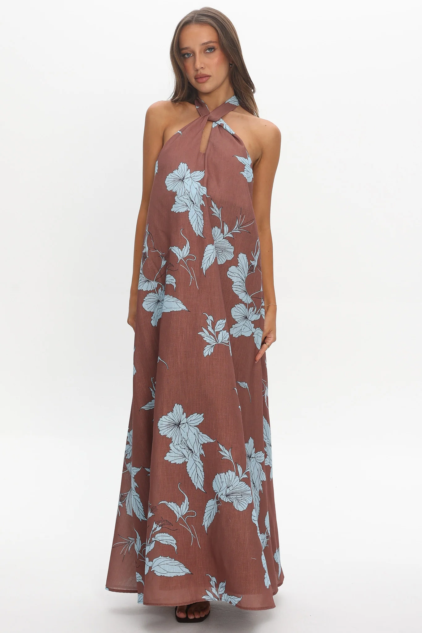 Cheer Backless Halter Maxi Dress Print Floral Chocolate - Image 2