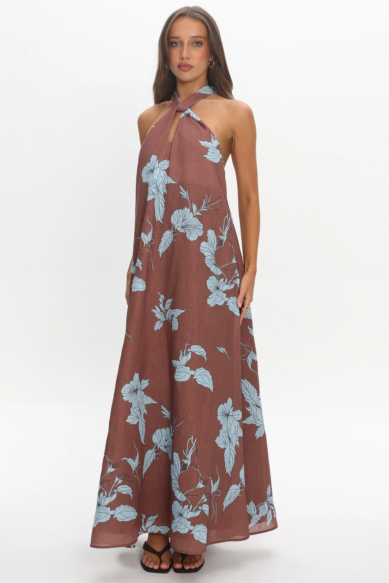 Cheer Backless Halter Maxi Dress Print Floral Chocolate - Image 5