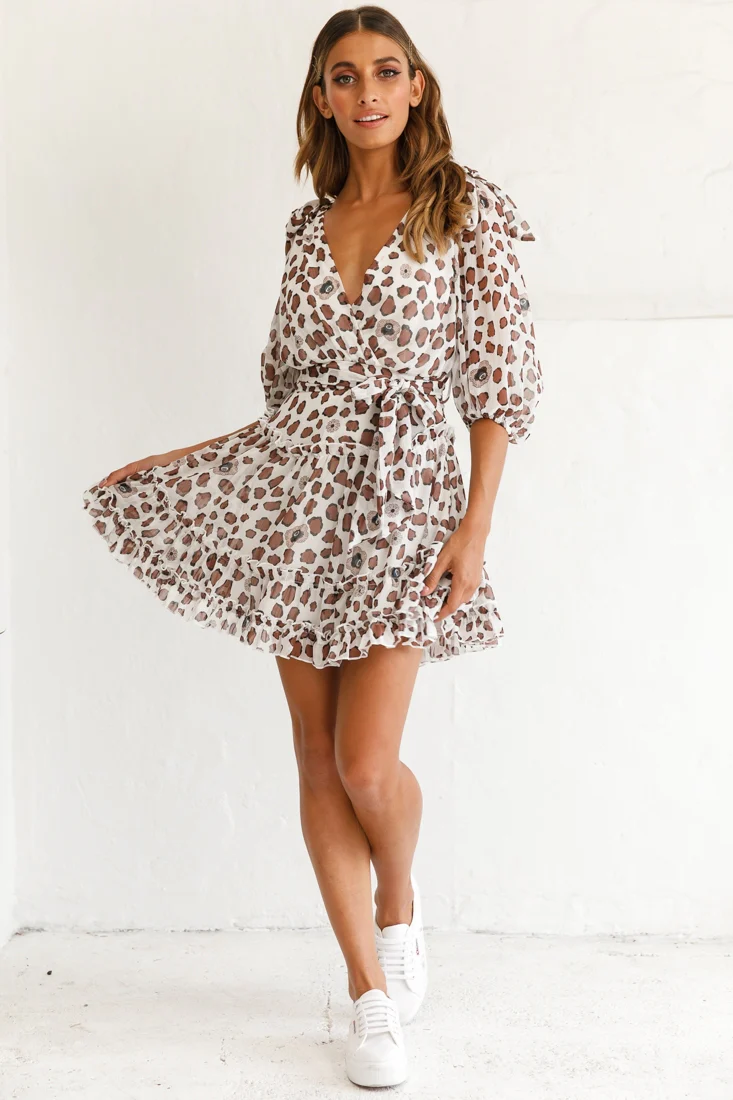 Cherish Bow Shoulder Ruffle Detail Dress Floral Animal Print White - Image 5
