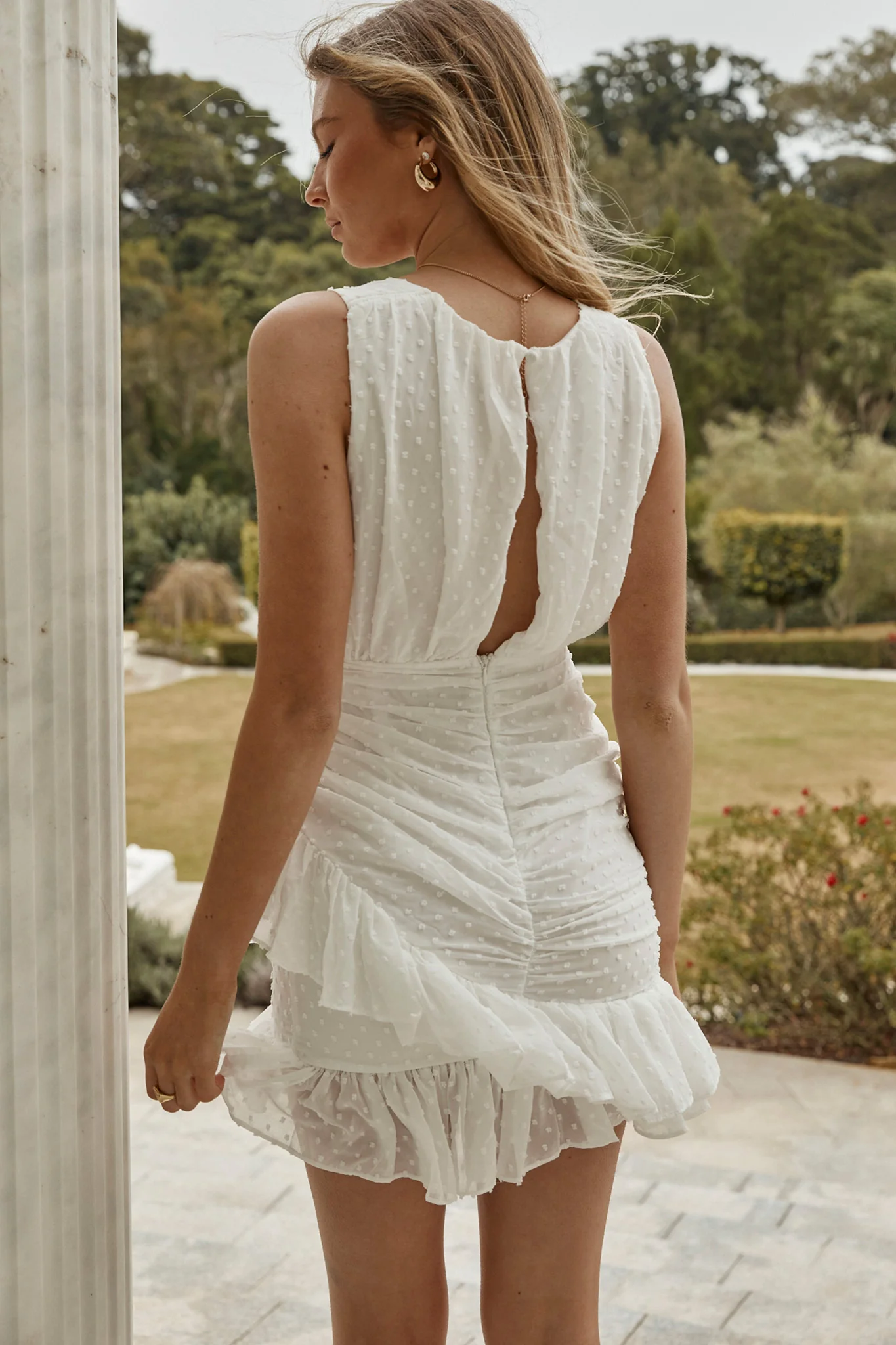 Cherish The Moment Ruched Ruffle Hail Spot Dress White - Image 3