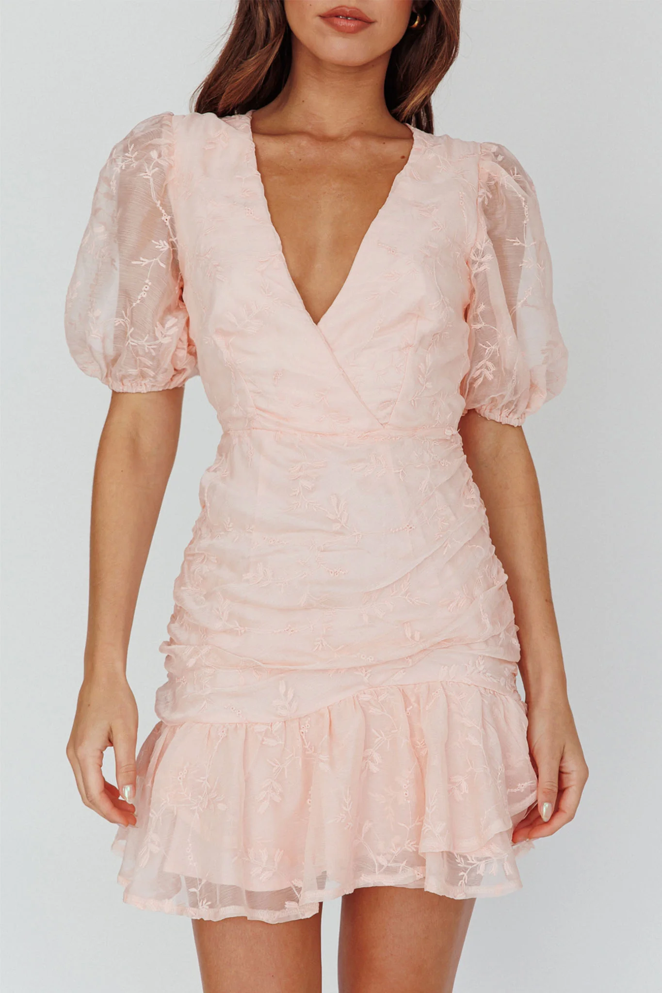 Cherry Blossom Puff Sleeve Wide Ruffle Hem Dress Pink - Image 4