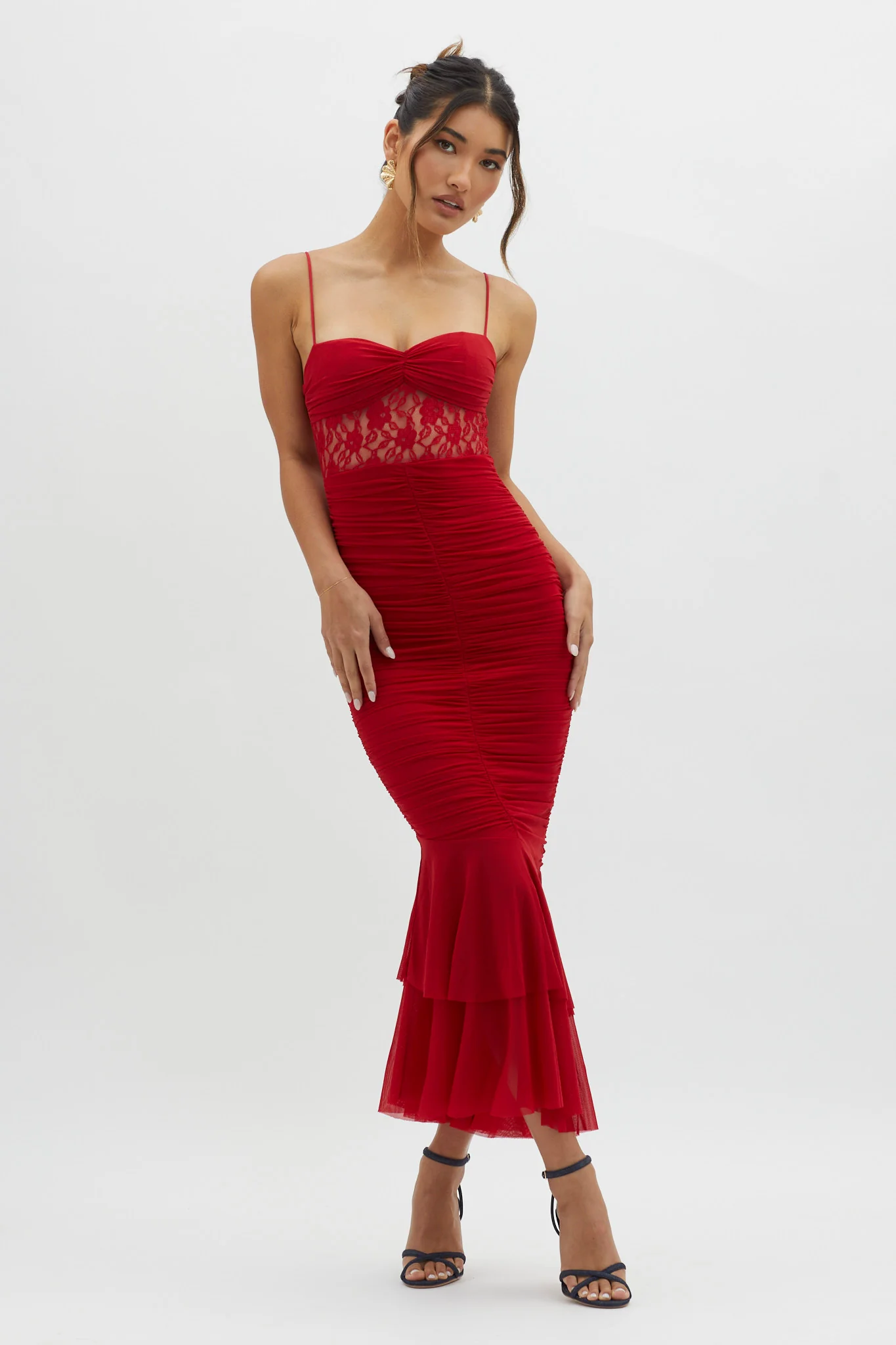 Cherubim Lace Insert Ruched Midi Dress Red - Image 10