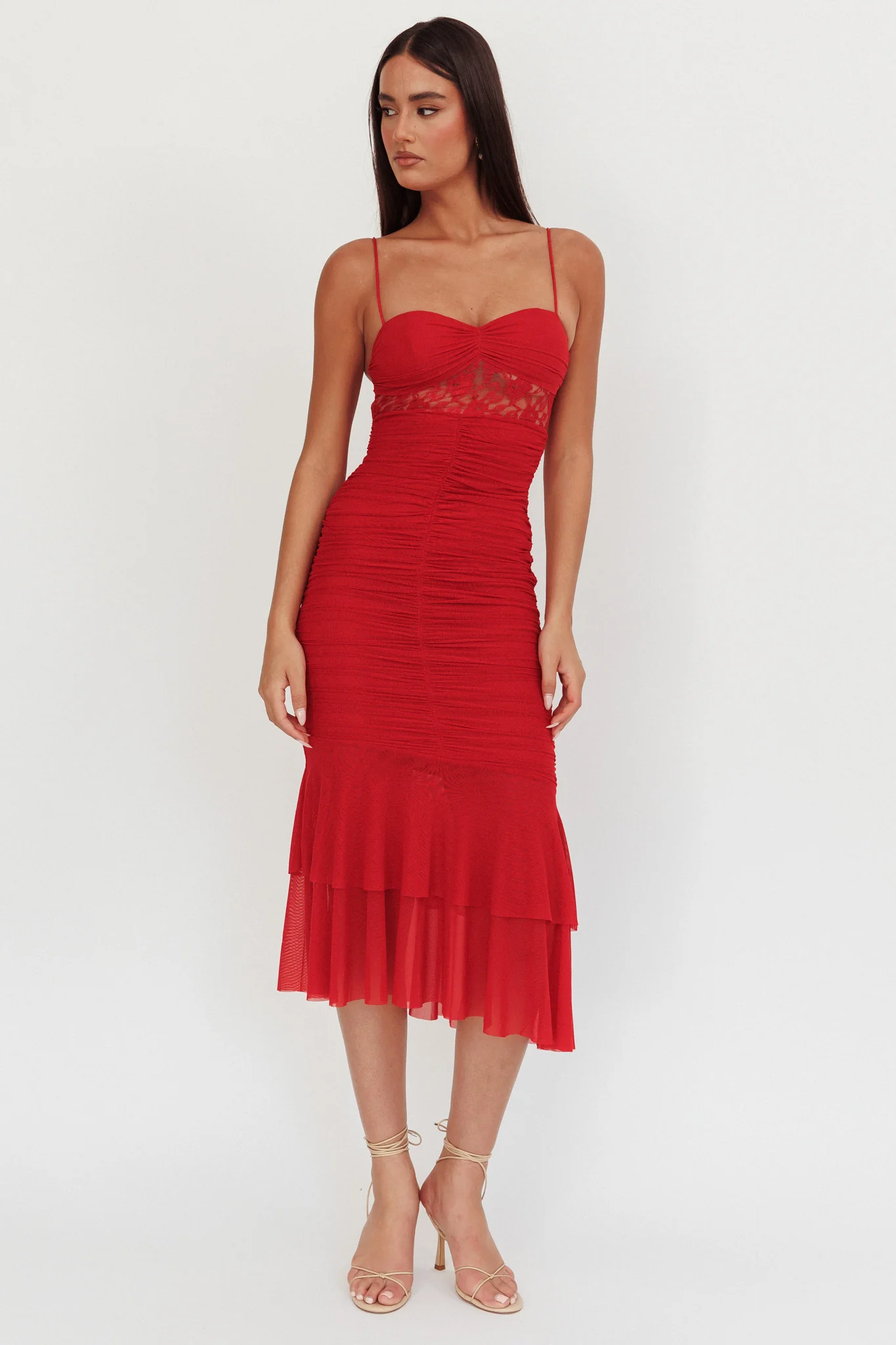 Cherubim Lace Insert Ruched Midi Dress Red - Image 4