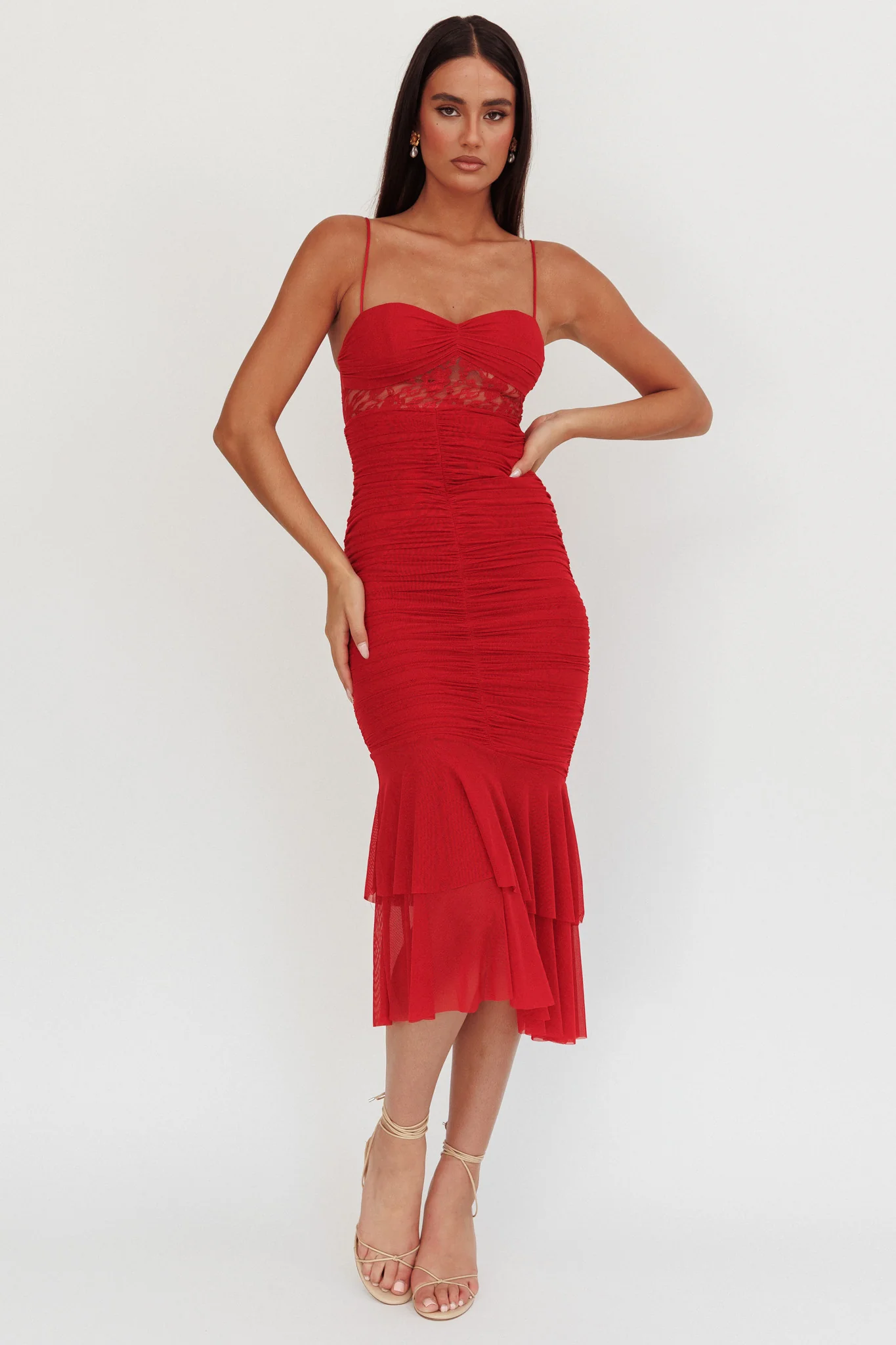 Cherubim Lace Insert Ruched Midi Dress Red - Image 5