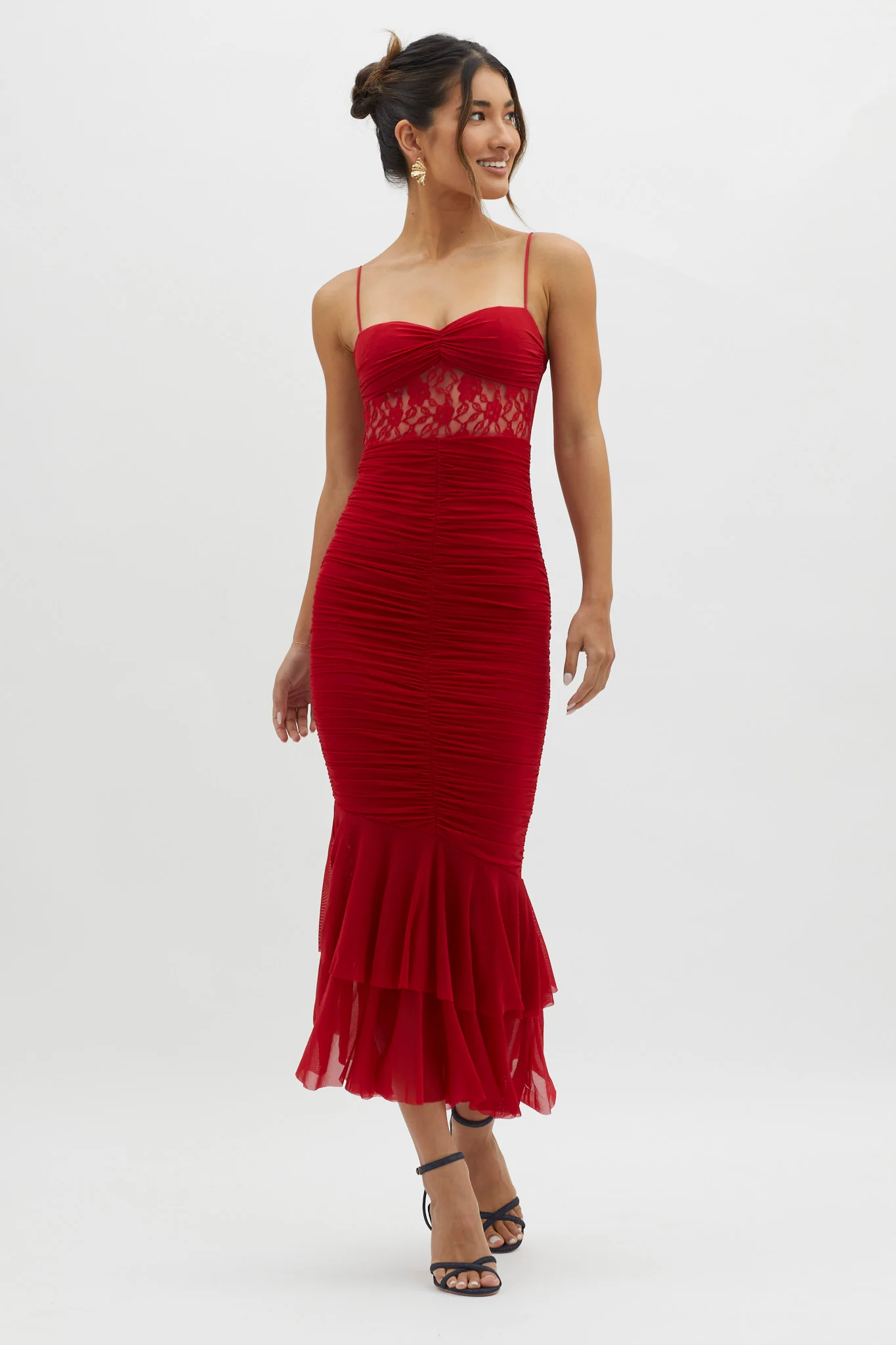 Cherubim Lace Insert Ruched Midi Dress Red - Image 6