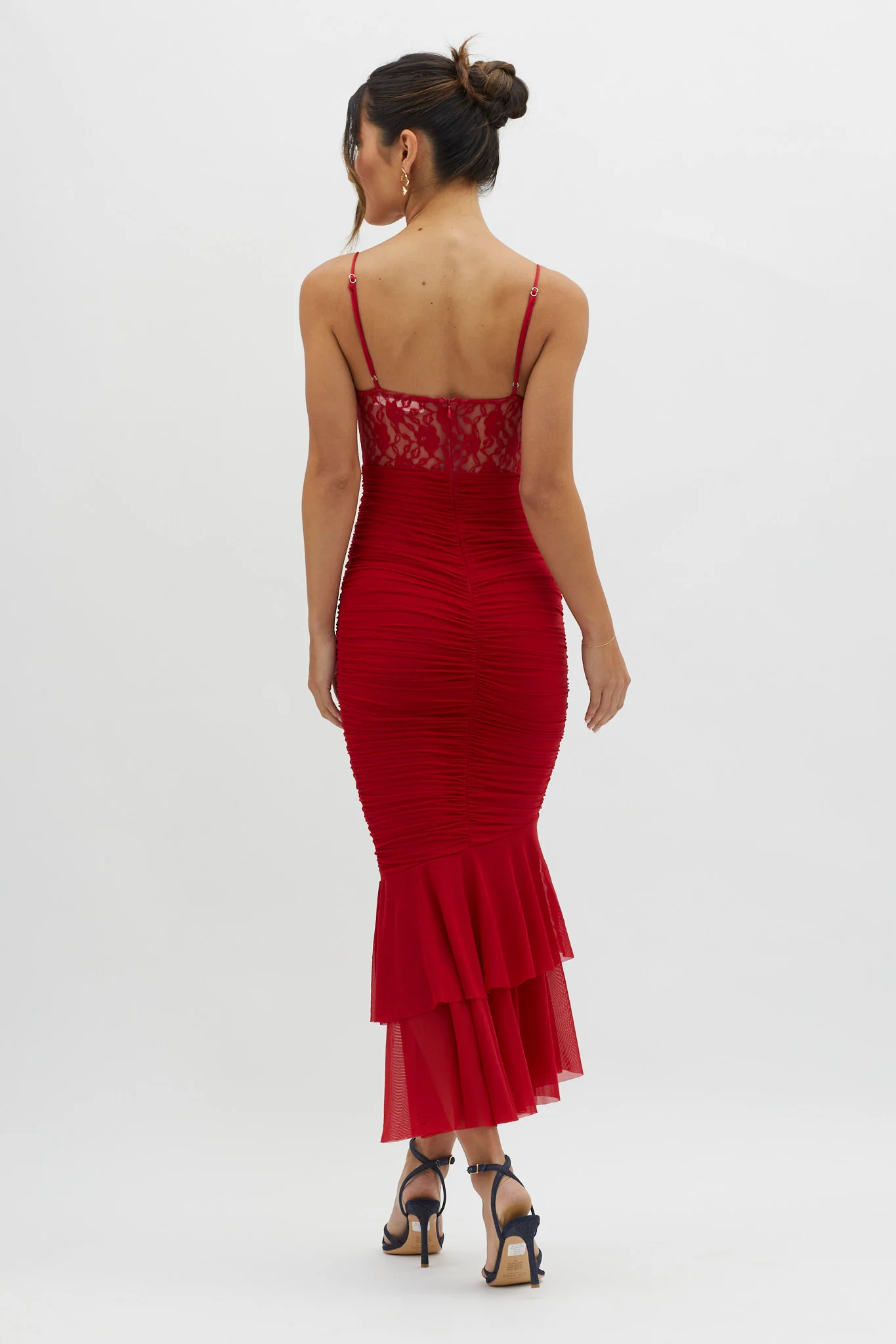 Cherubim Lace Insert Ruched Midi Dress Red - Image 7