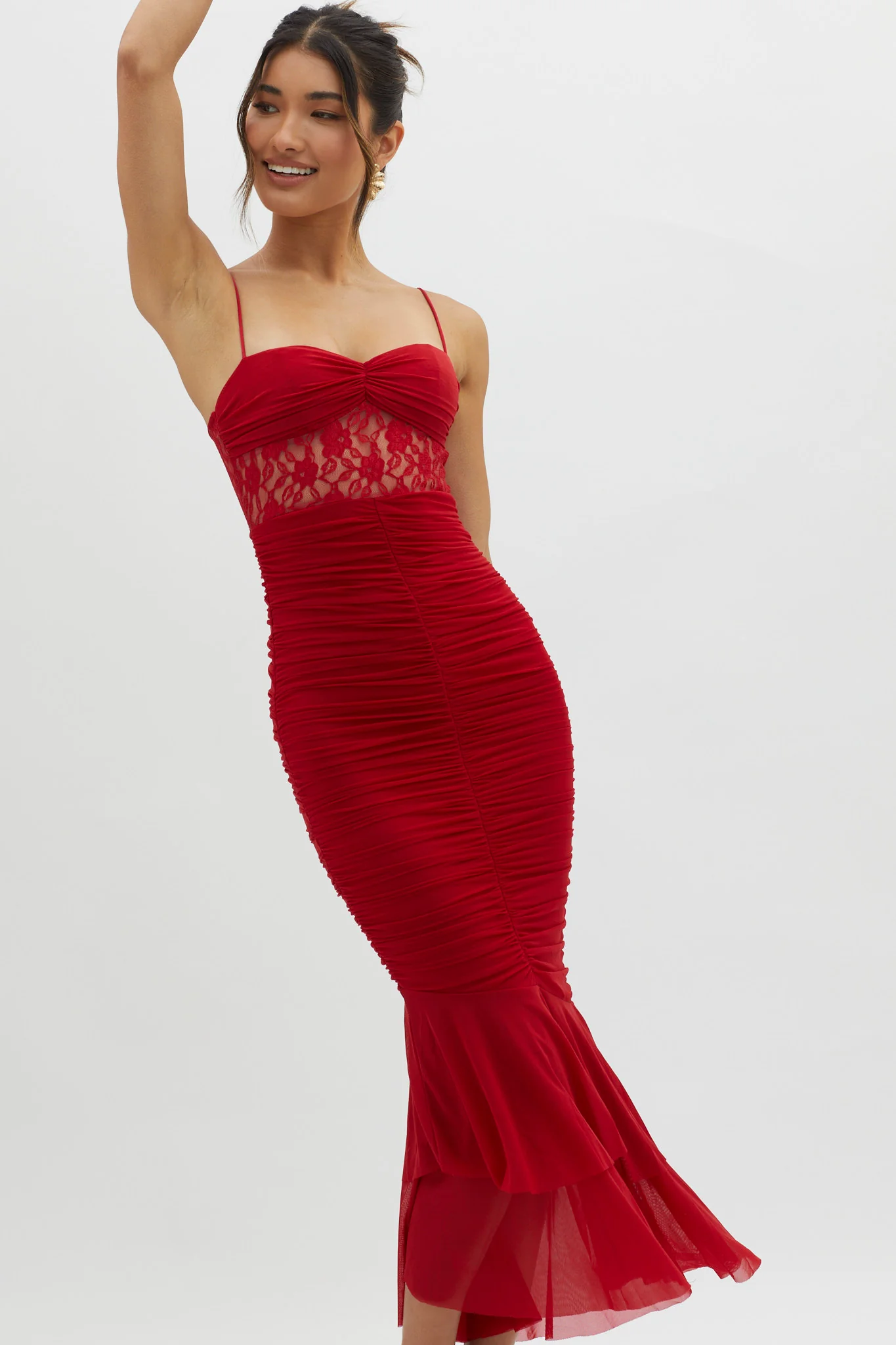 Cherubim Lace Insert Ruched Midi Dress Red - Image 8
