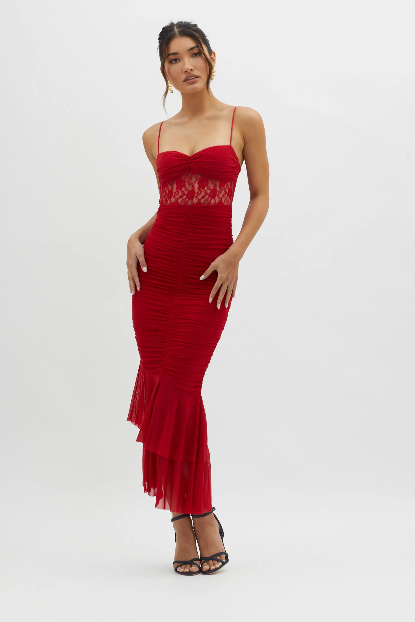 Cherubim Lace Insert Ruched Midi Dress Red - Image 9