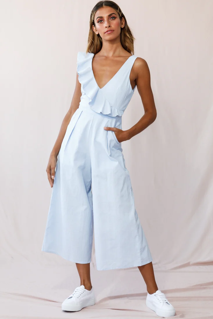 Cheryl Ruffle Strap Wide Leg Jumpsuit Steel Blue - Image 6
