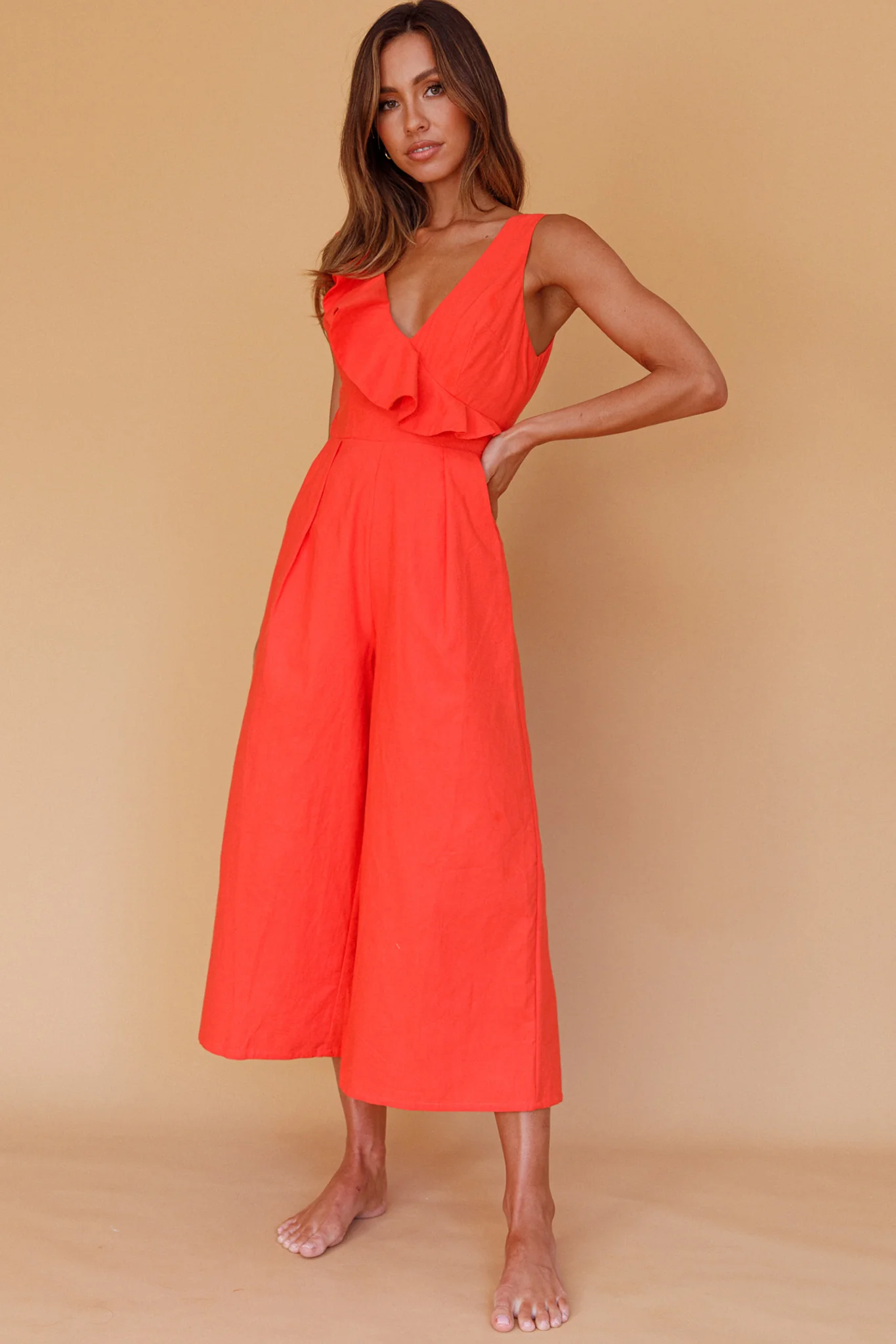 Cheryl Ruffle Strap Wide Leg Jumpsuit Tangerine - Image 3