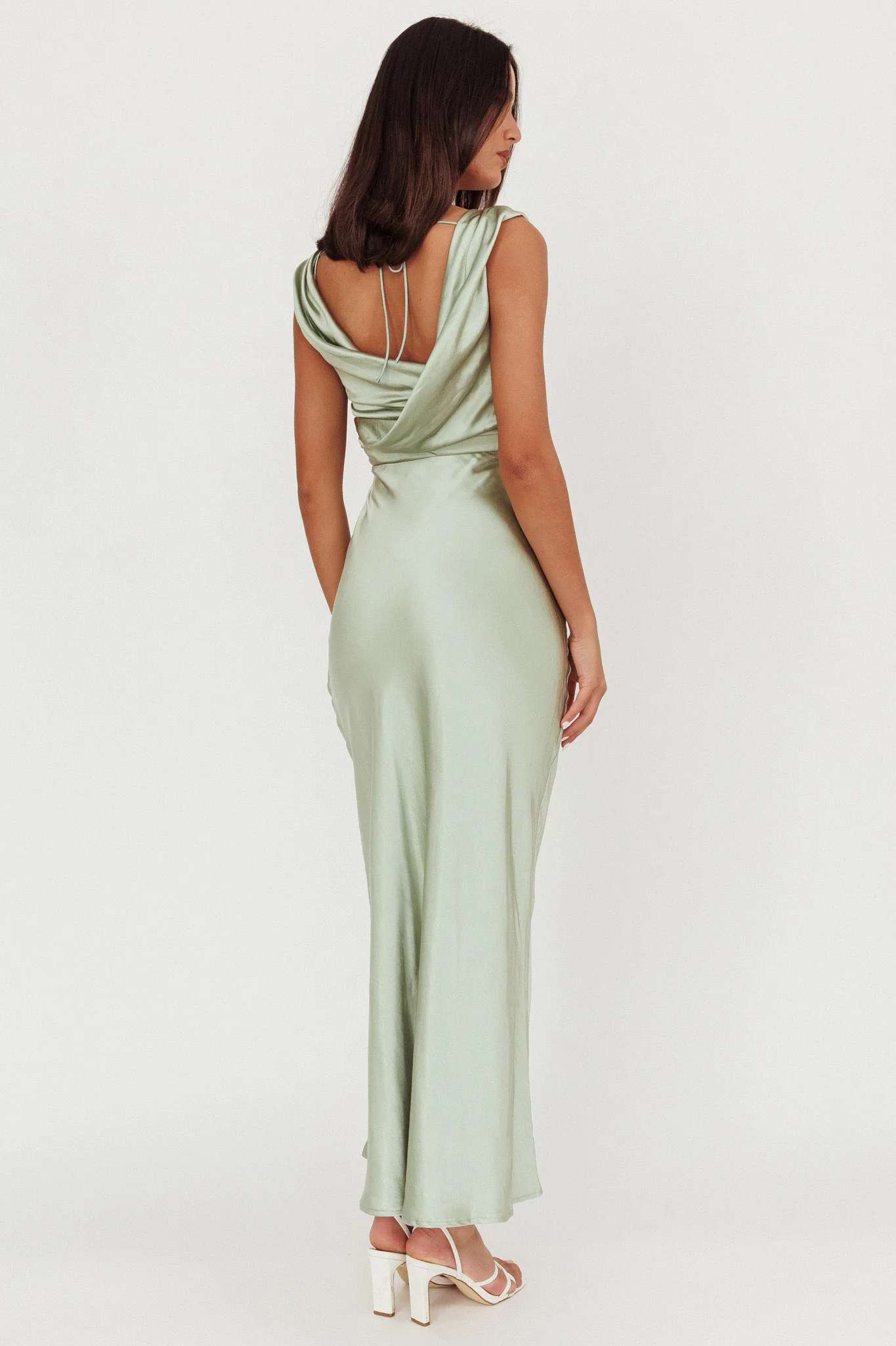 Chills Cowl Neck Satin Maxi Dress Sage - Image 2