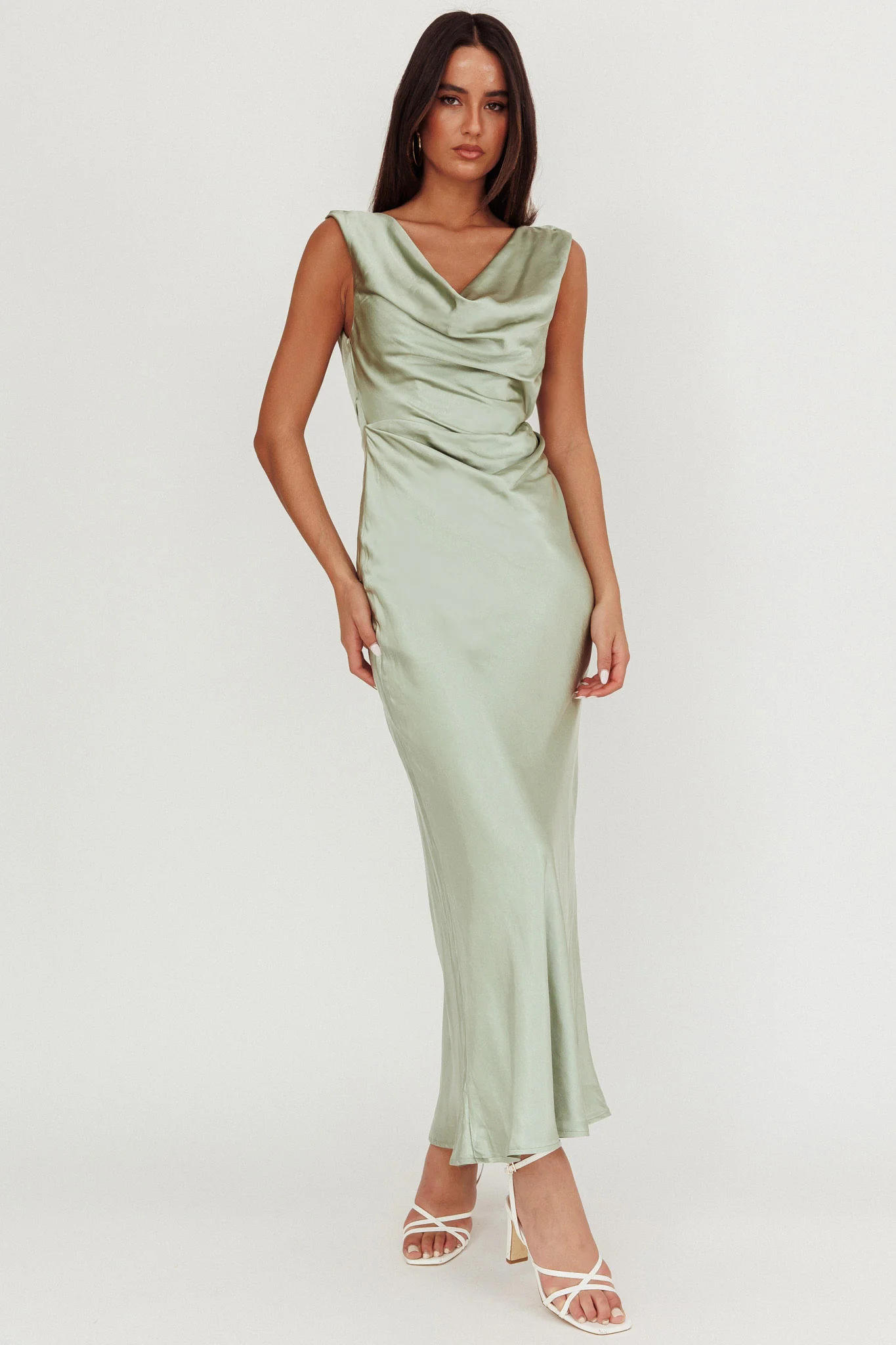 Chills Cowl Neck Satin Maxi Dress Sage - Image 5