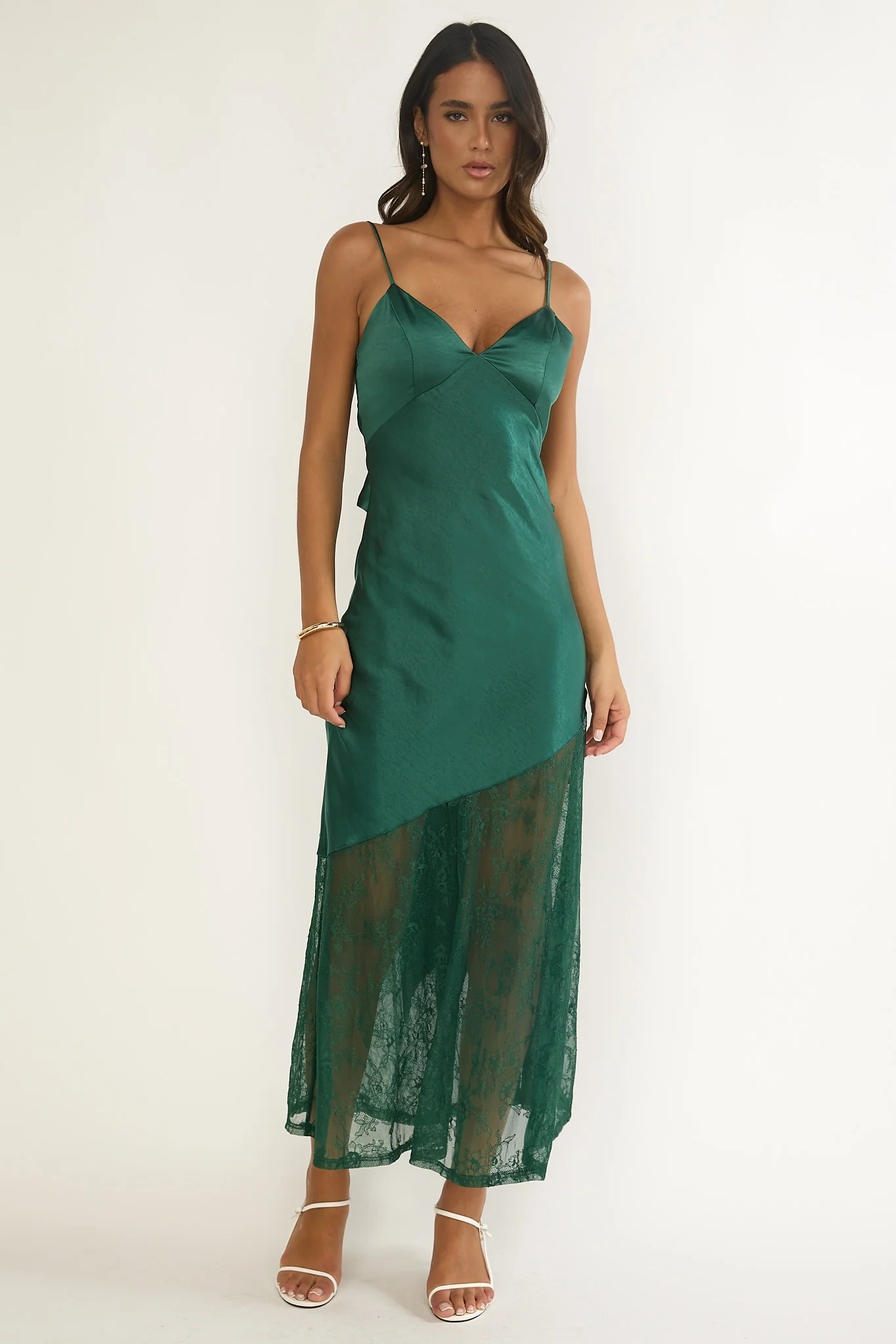 Ciao, Bella Tied Back Lace Hem Dress Forest Green - Image 6