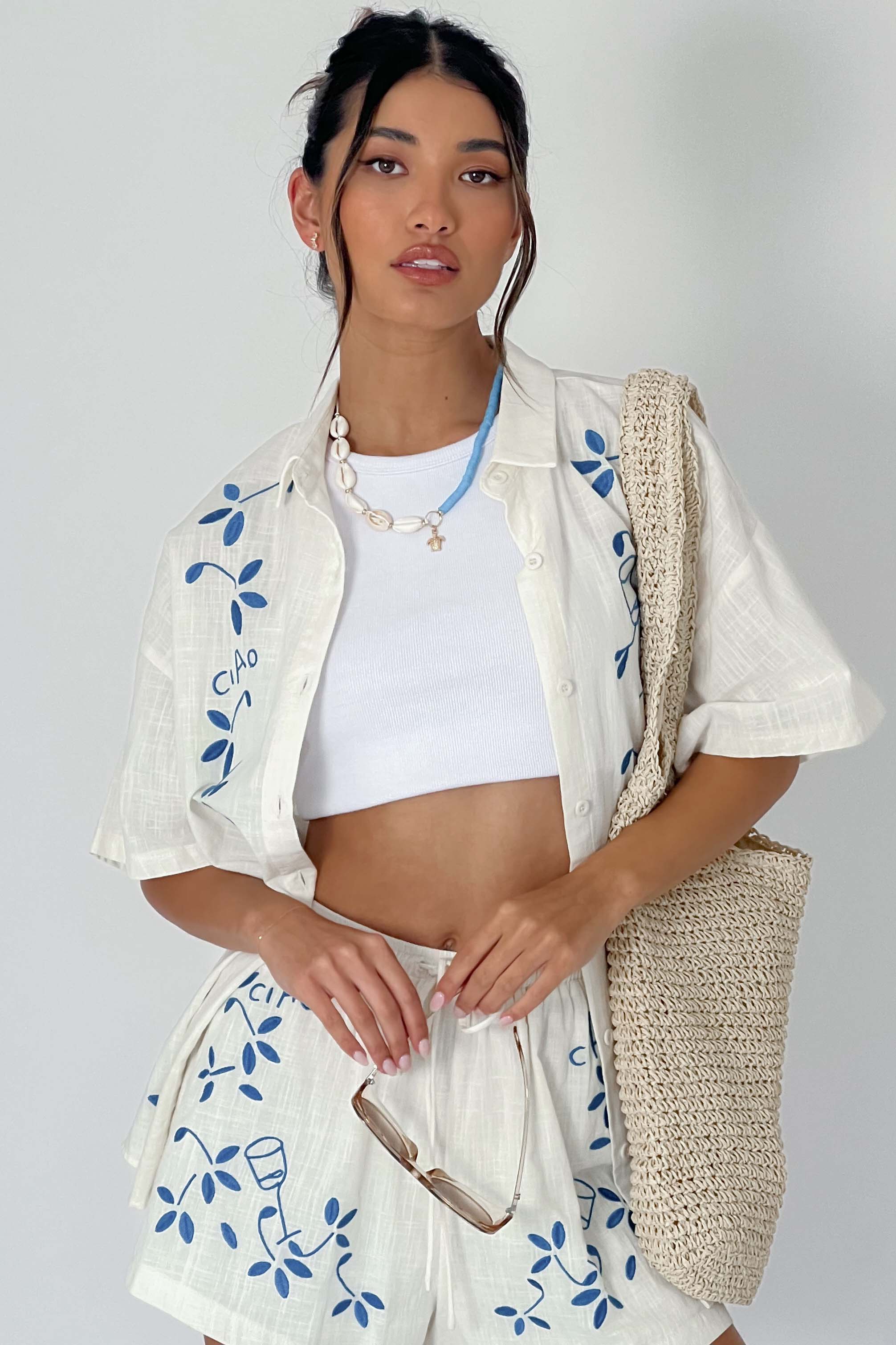 Ciao Ciao Embroidered Button-Up Shirt Beige - Image 2