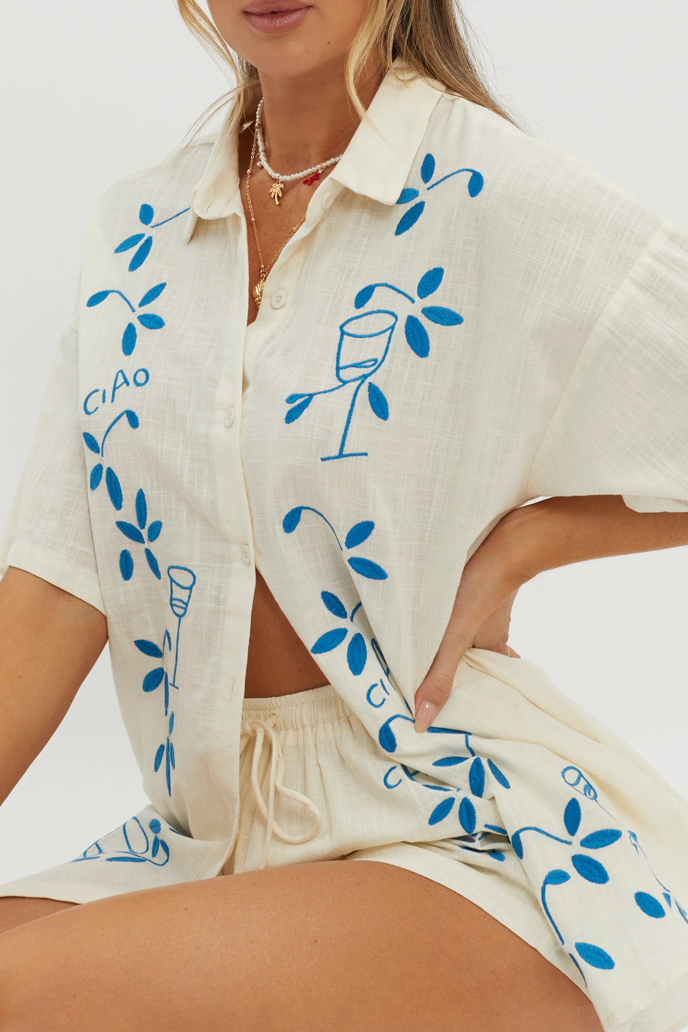 Ciao Ciao Embroidered Button-Up Shirt Beige - Image 5