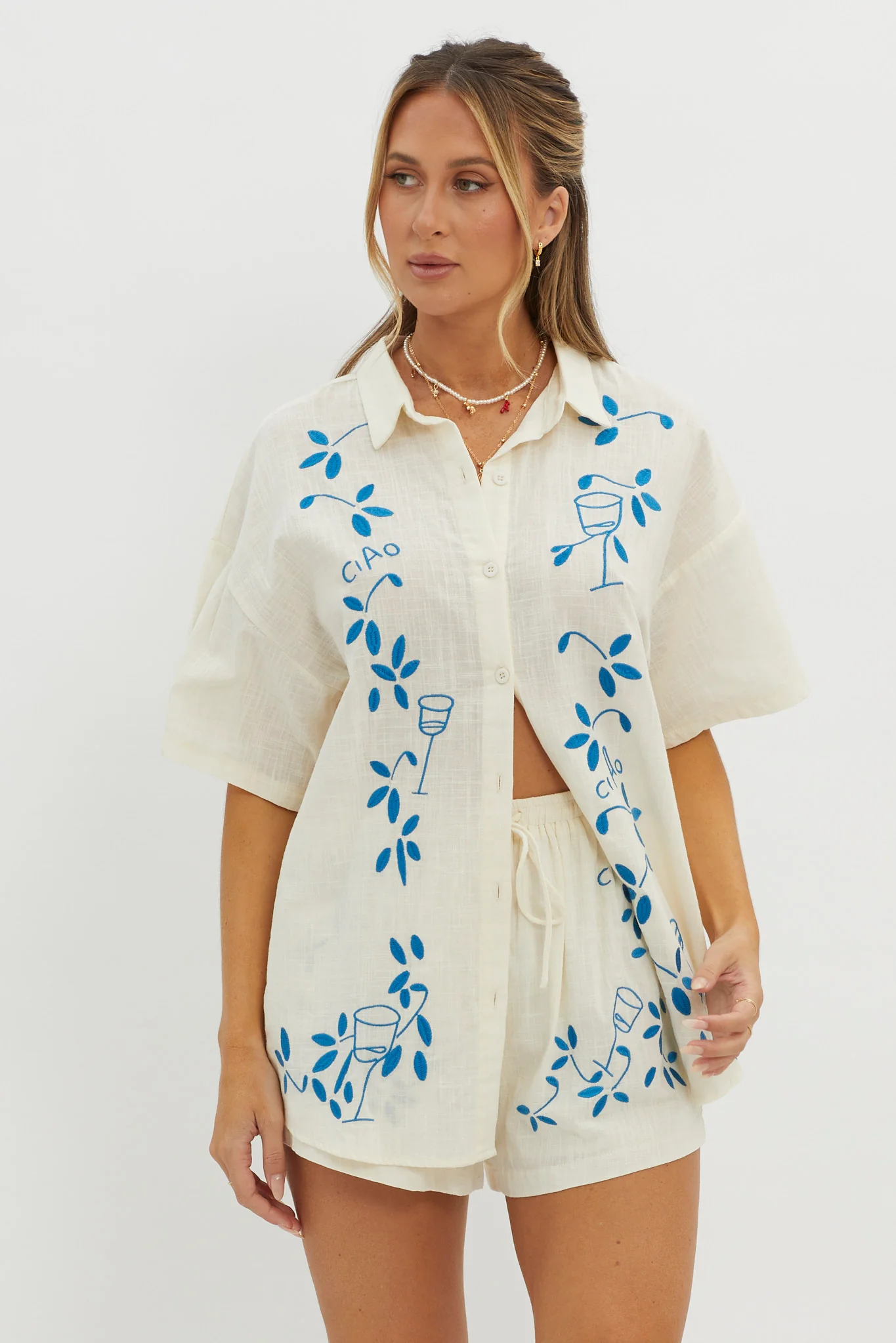 Ciao Ciao Embroidered Button-Up Shirt Beige - Image 6