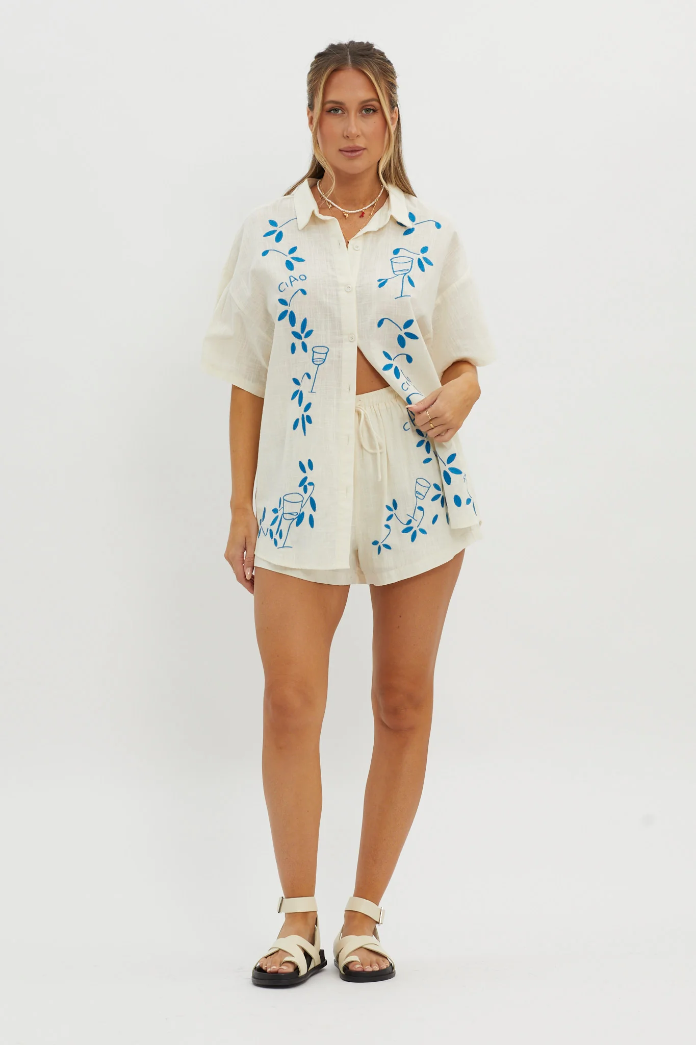 Ciao Ciao Embroidered Drawstring Shorts Beige - Image 6