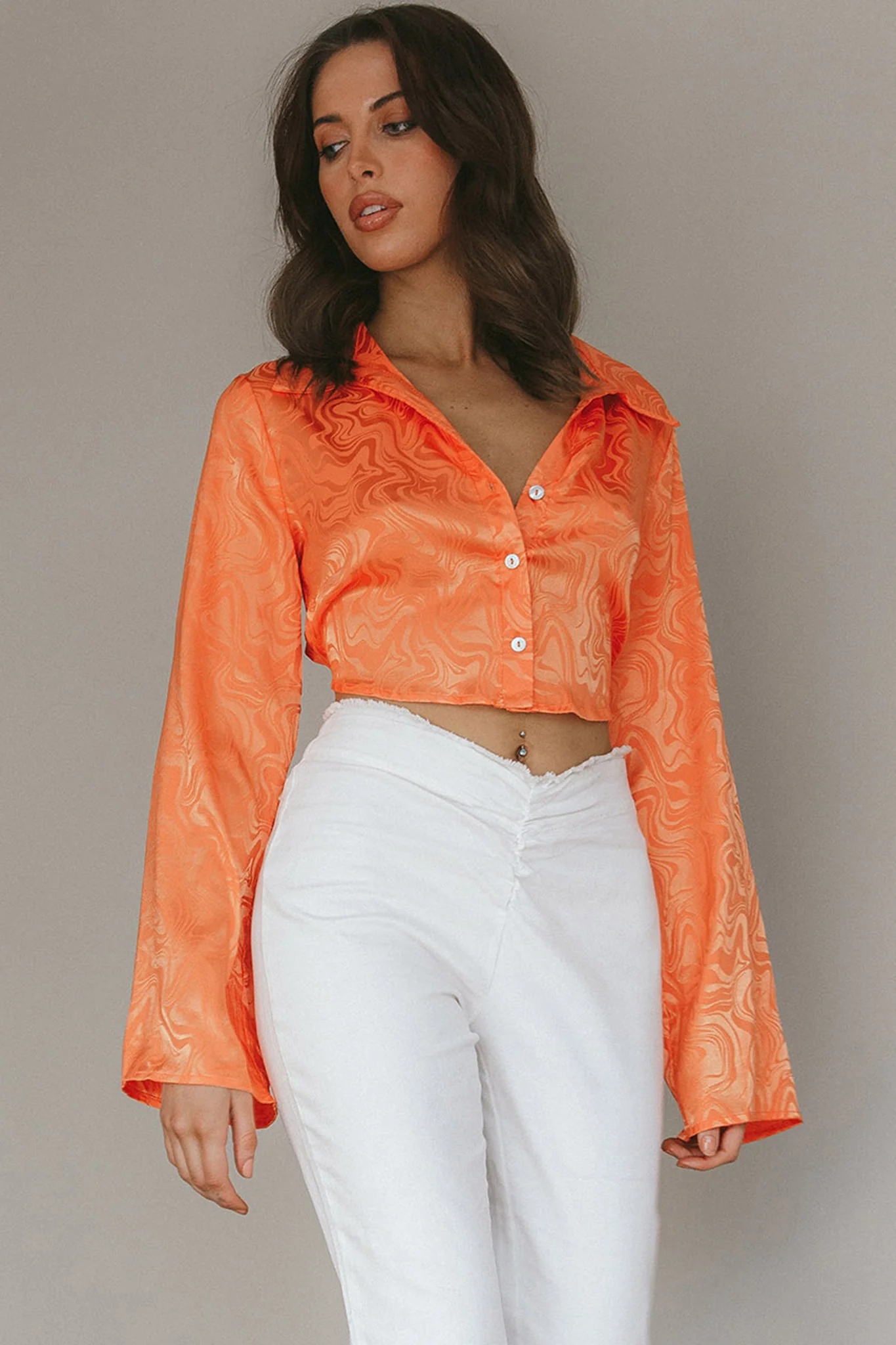 Ciara Flared Sleeve Tied Back Top Orange - Image 5