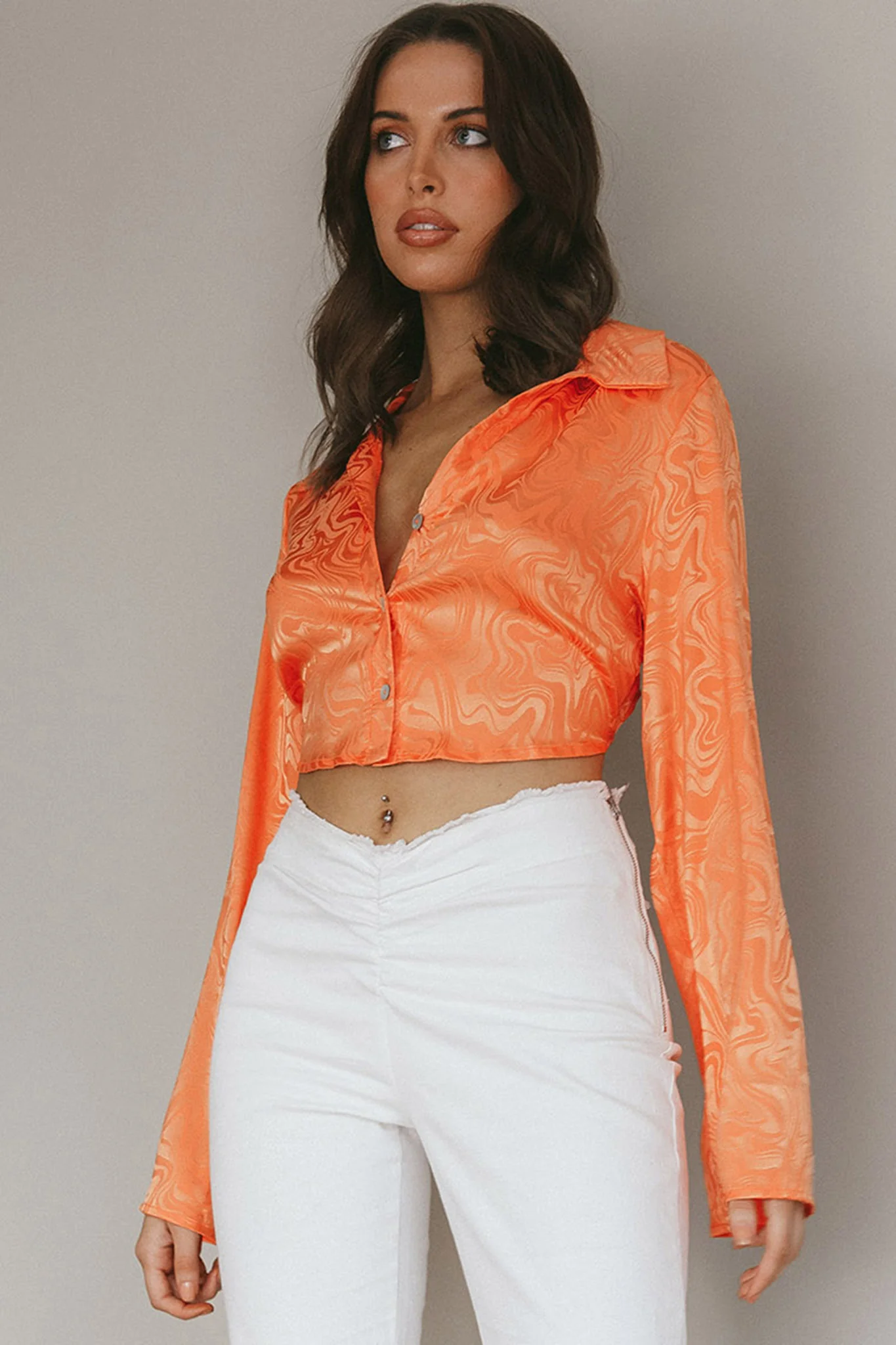 Ciara Flared Sleeve Tied Back Top Orange - Image 7