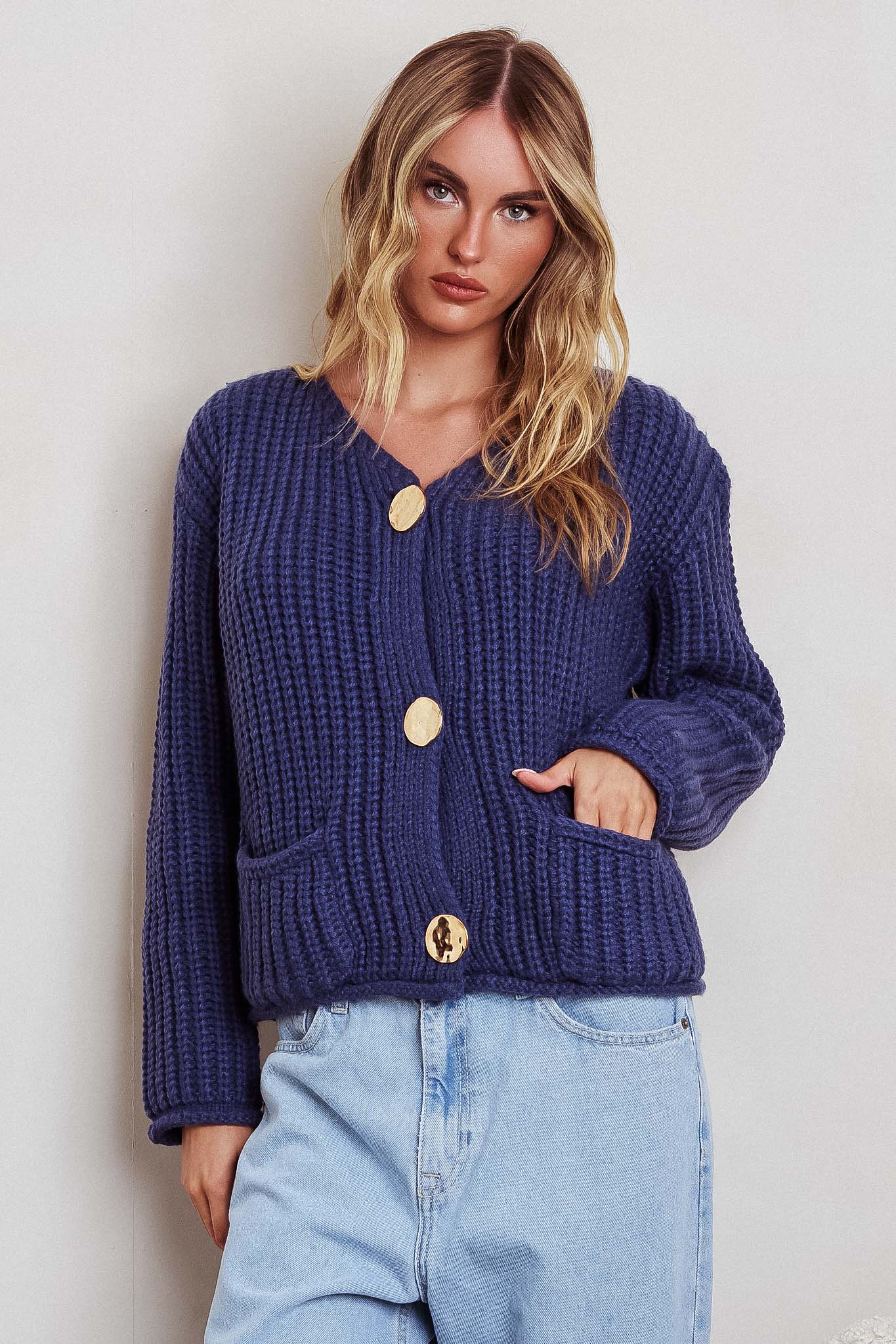 Cindie Chunky Knit Cardigan Navy - Image 5