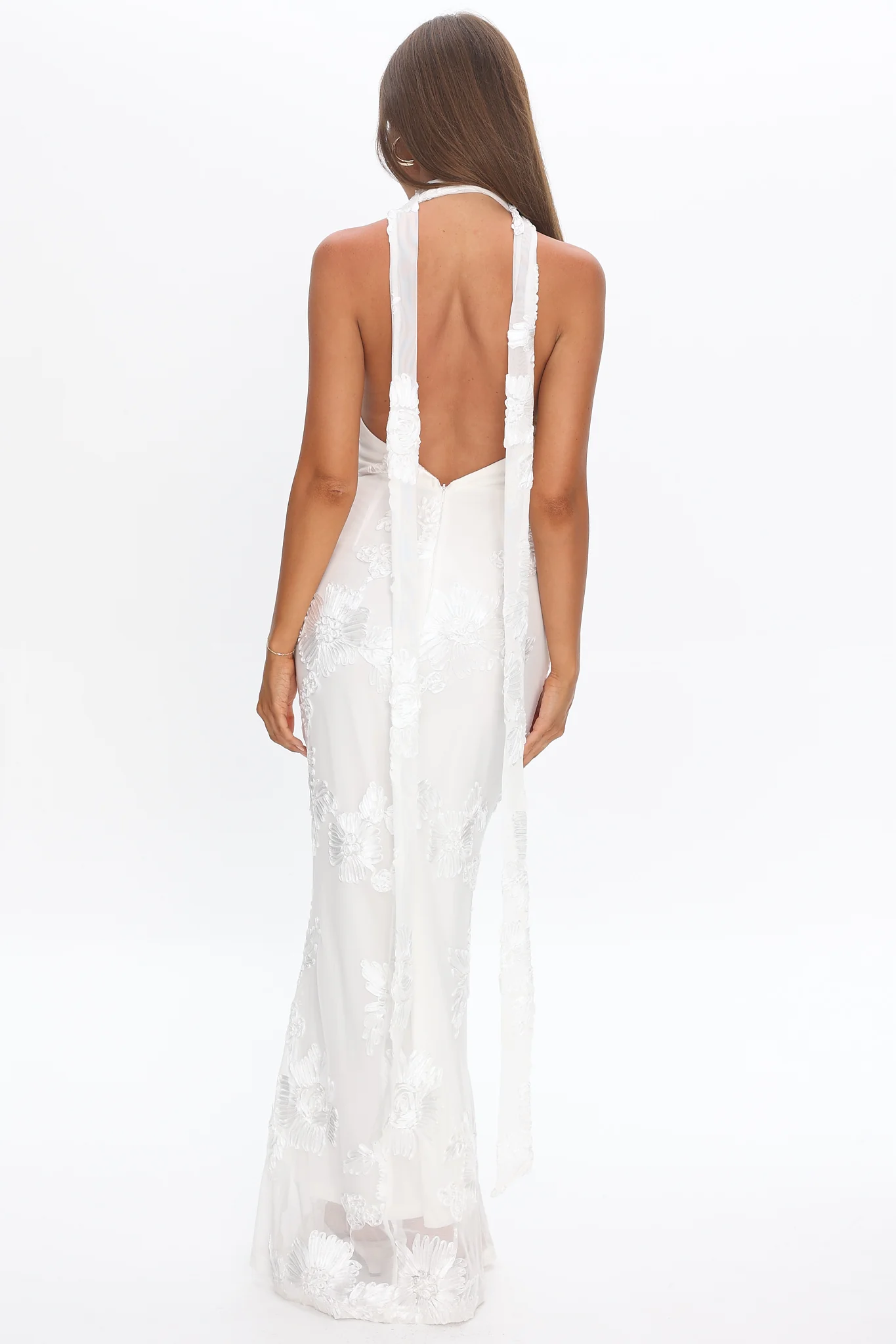 Cipriana Backless Halter Maxi Dress Embellished Floral White - Image 2