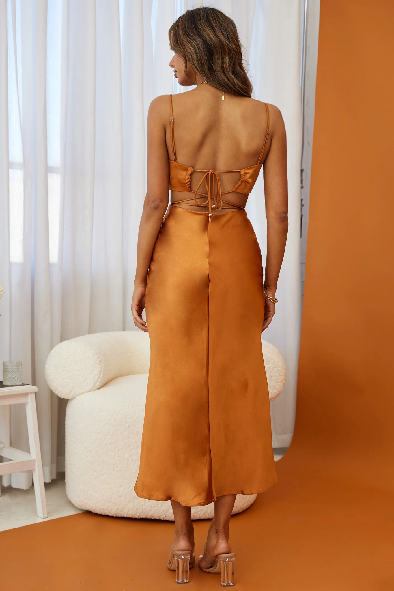 City Lights Cut-Out Waist Strappy Back Midi Dress Bronze - Image 10